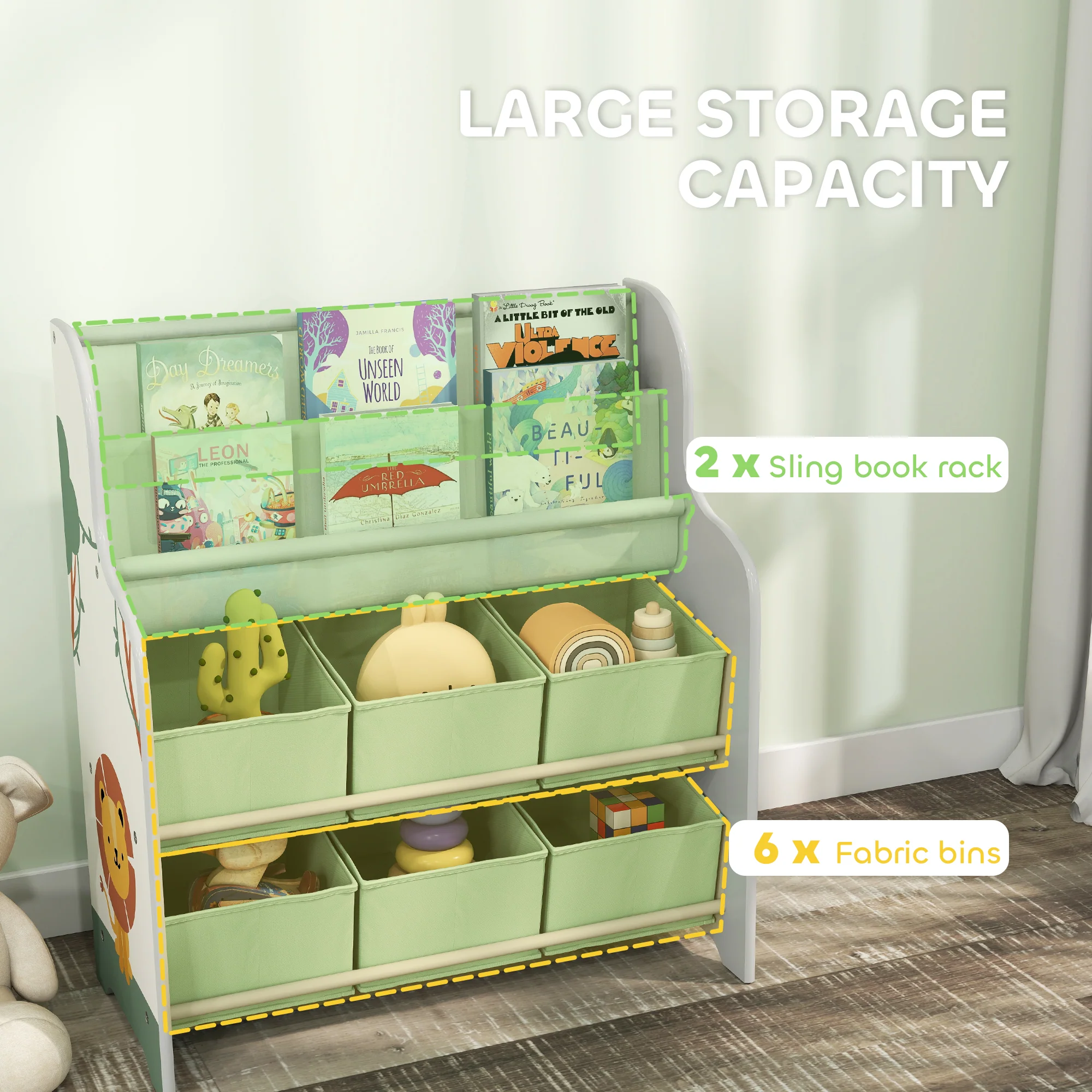 AIYAPLAY Kids Storage Unit with 6 Fabric Drawers & 2-Tier Sling Rack, Green - Image 3