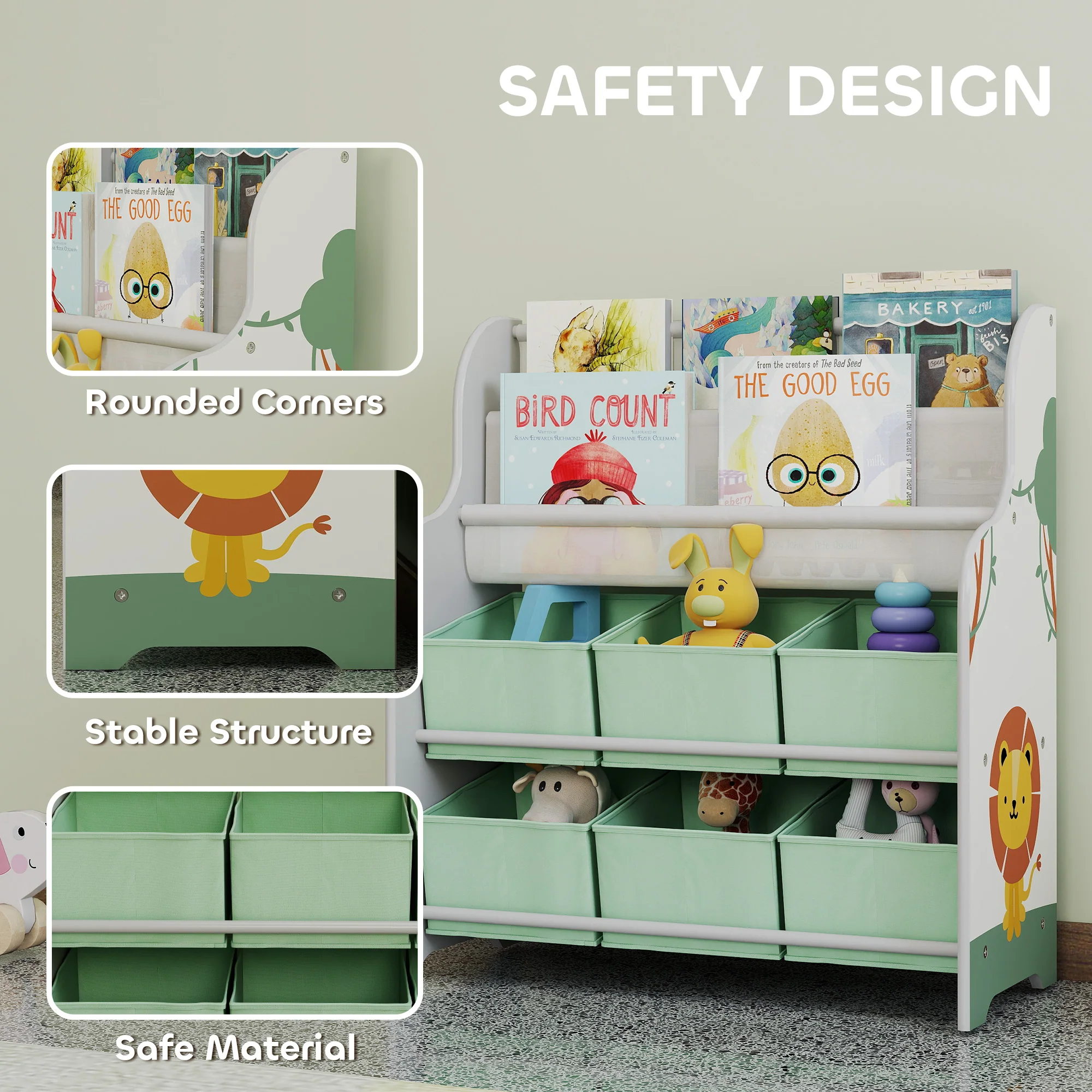 AIYAPLAY Kids Storage Unit with 6 Fabric Drawers & 2-Tier Sling Rack, Green - Image 4