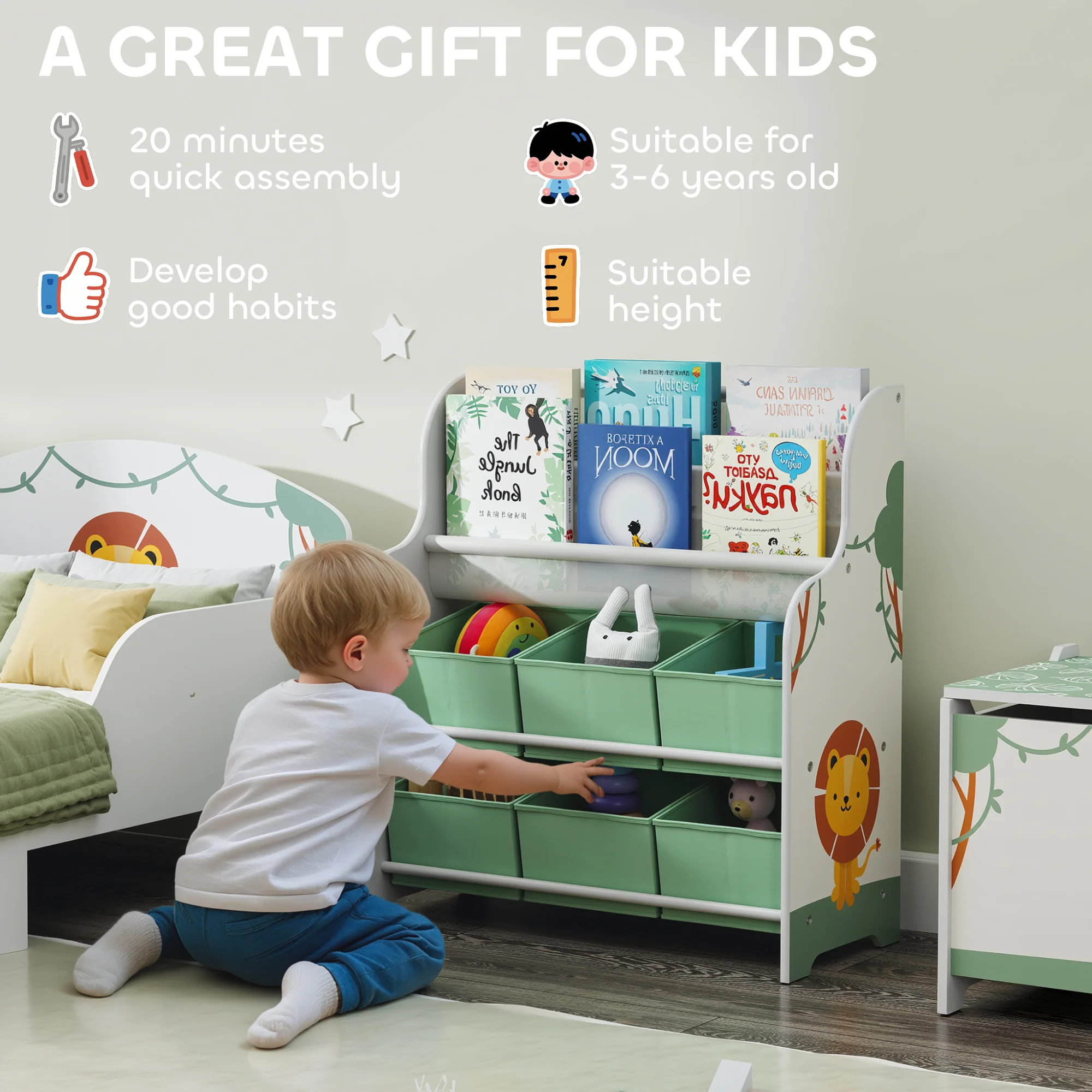 AIYAPLAY Kids Storage Unit with 6 Fabric Drawers & 2-Tier Sling Rack, Green - Image 6