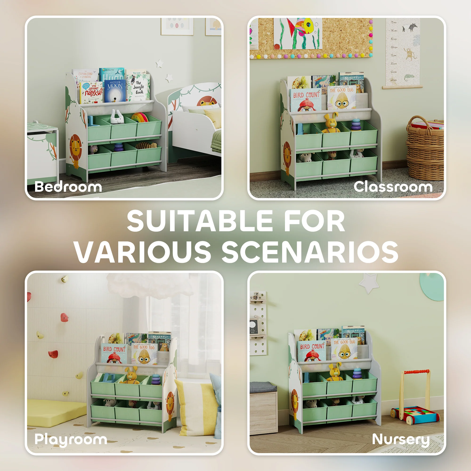 AIYAPLAY Kids Storage Unit with 6 Fabric Drawers & 2-Tier Sling Rack, Green - Image 7