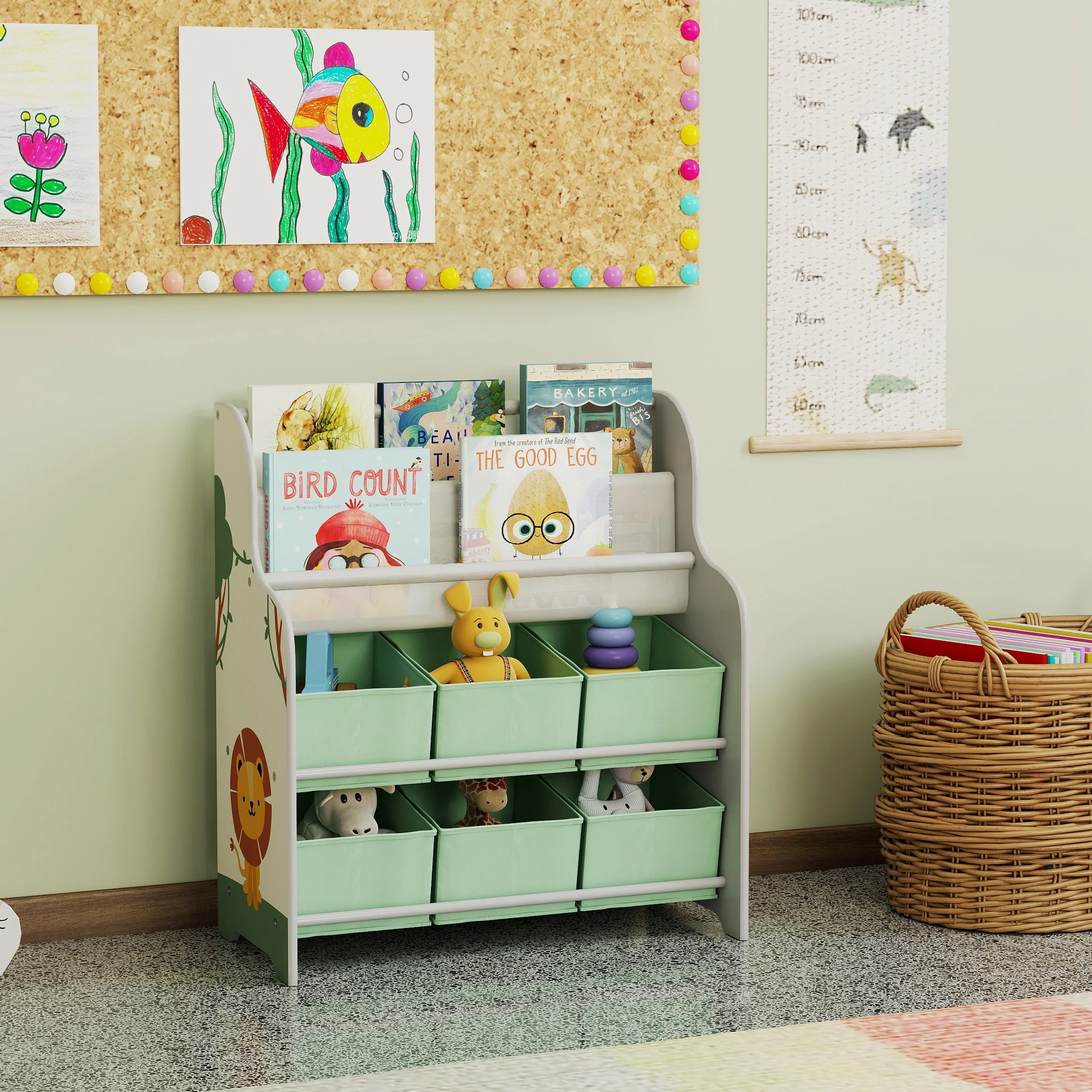 AIYAPLAY Kids Storage Unit with 6 Fabric Drawers & 2-Tier Sling Rack, Green - Image 8