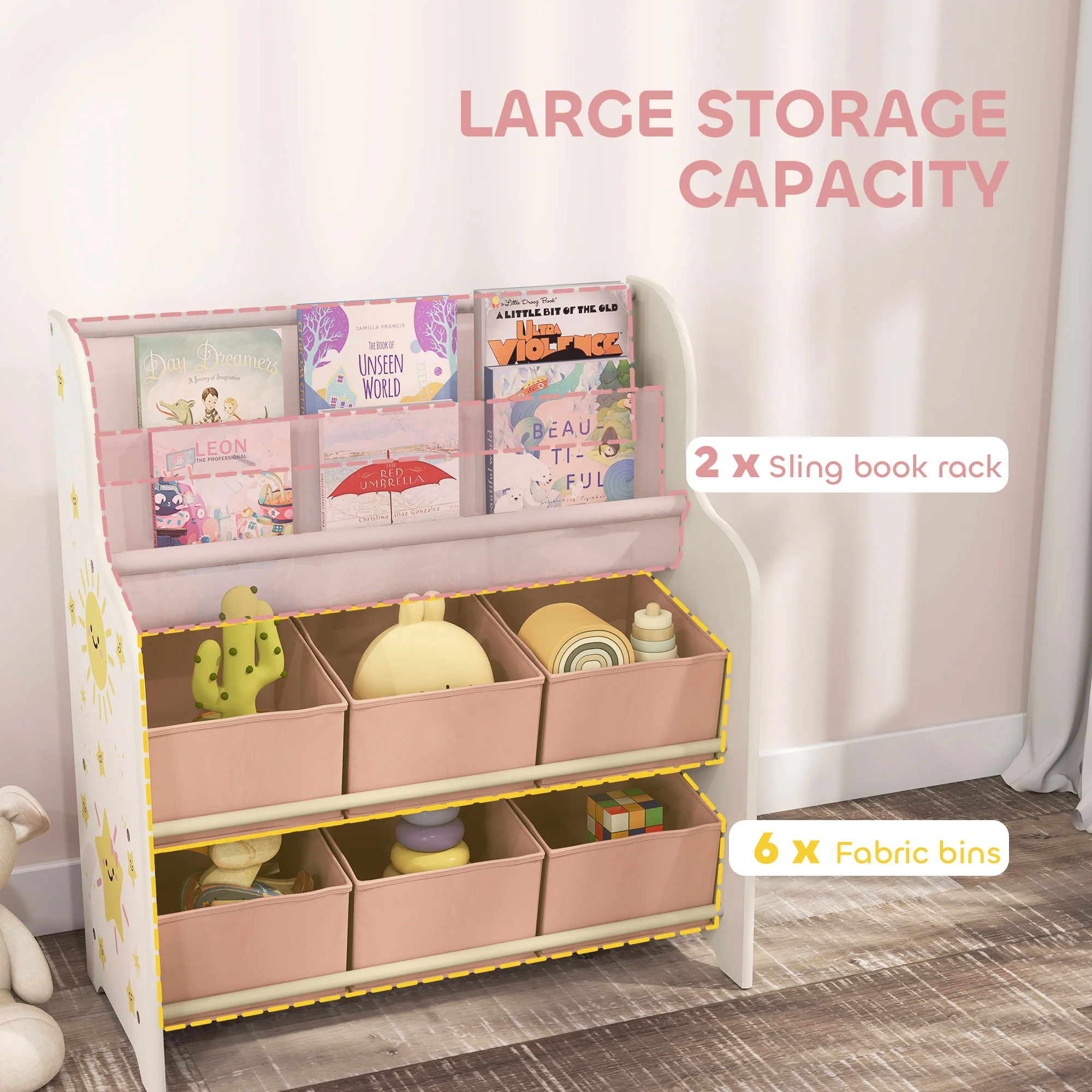 AIYAPLAY Kids Storage Unit with 6 Fabric Drawers & 2-Tier Sling Rack, Pink - Image 3