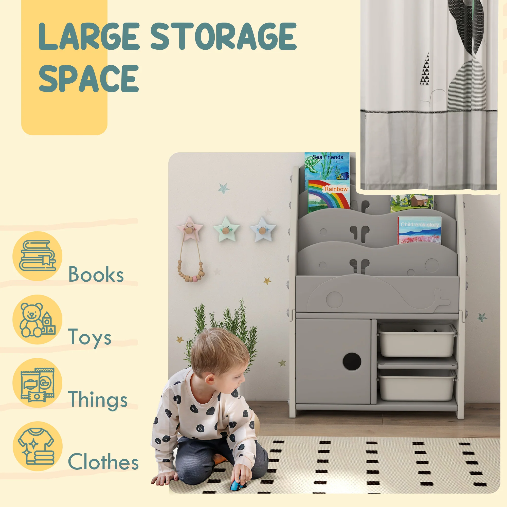 AIYAPLAY Kids Storage Units with 2 Storage Boxes, 67 x 29 x 98cm, Light Grey - Image 3