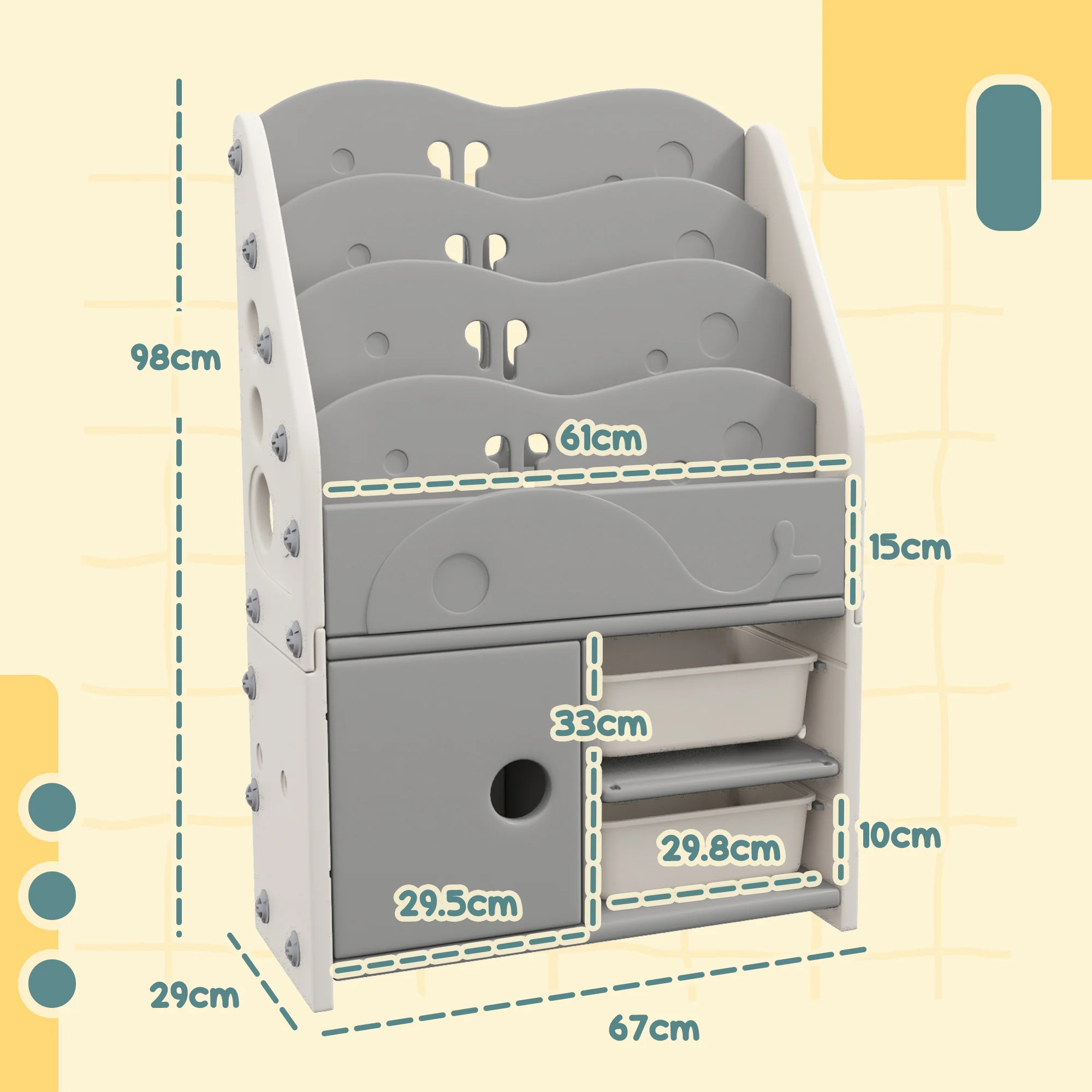 AIYAPLAY Kids Storage Units with 2 Storage Boxes, 67 x 29 x 98cm, Light Grey - Image 5