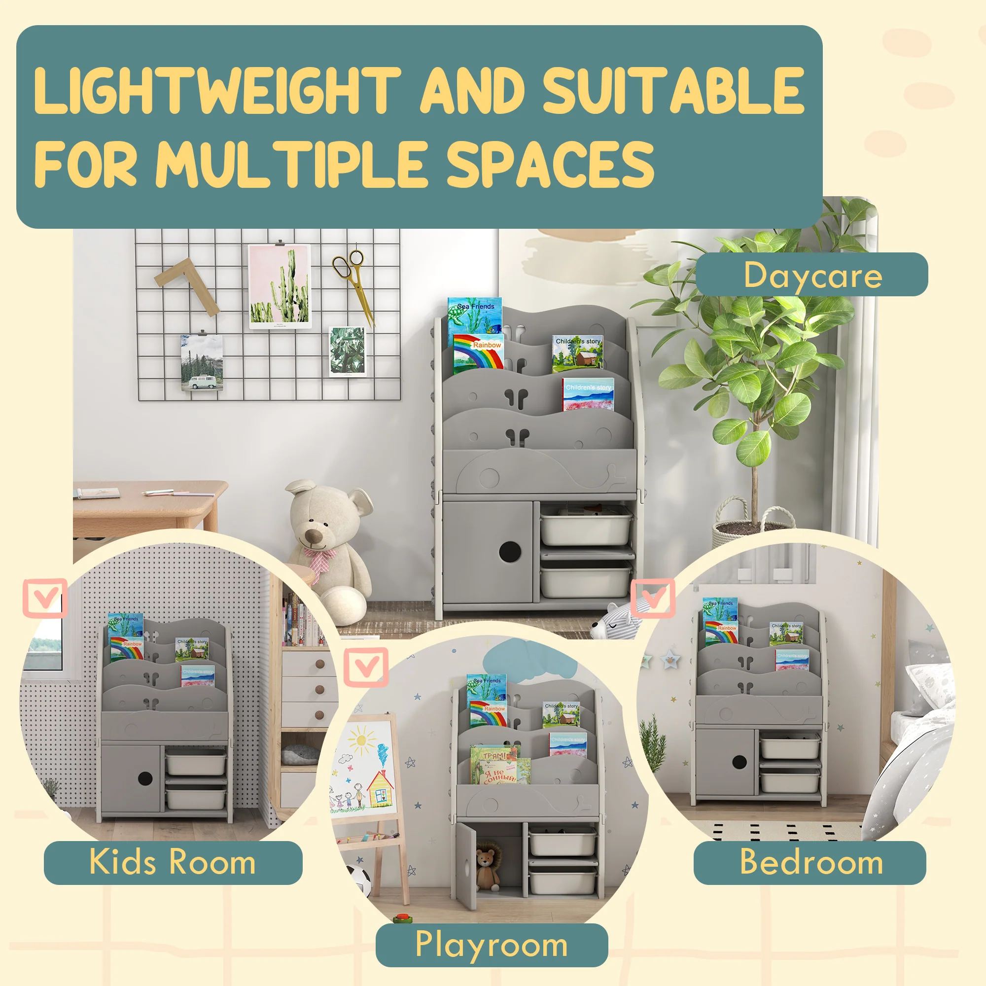 AIYAPLAY Kids Storage Units with 2 Storage Boxes, 67 x 29 x 98cm, Light Grey - Image 6