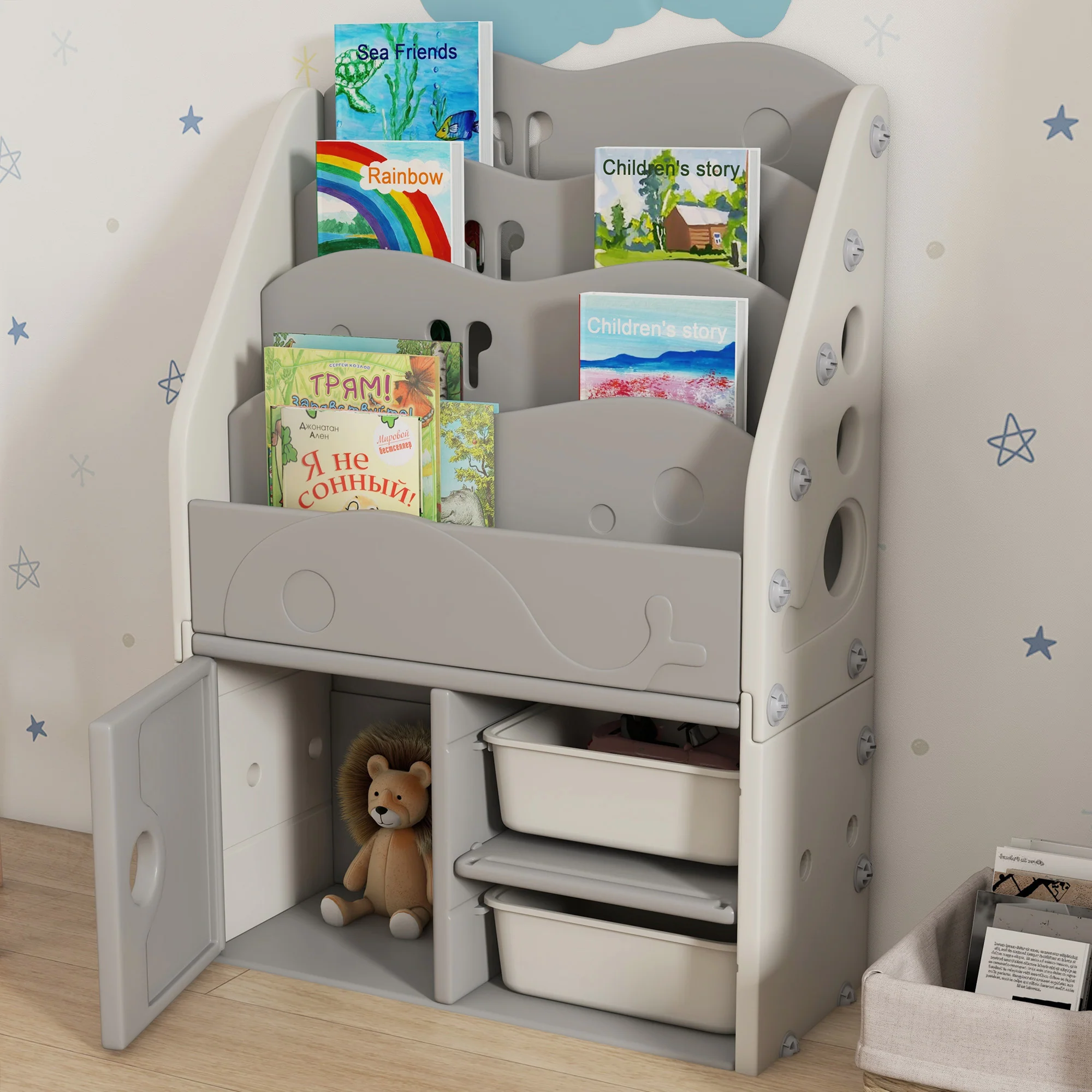AIYAPLAY Kids Storage Units with 2 Storage Boxes, 67 x 29 x 98cm, Light Grey - Image 9
