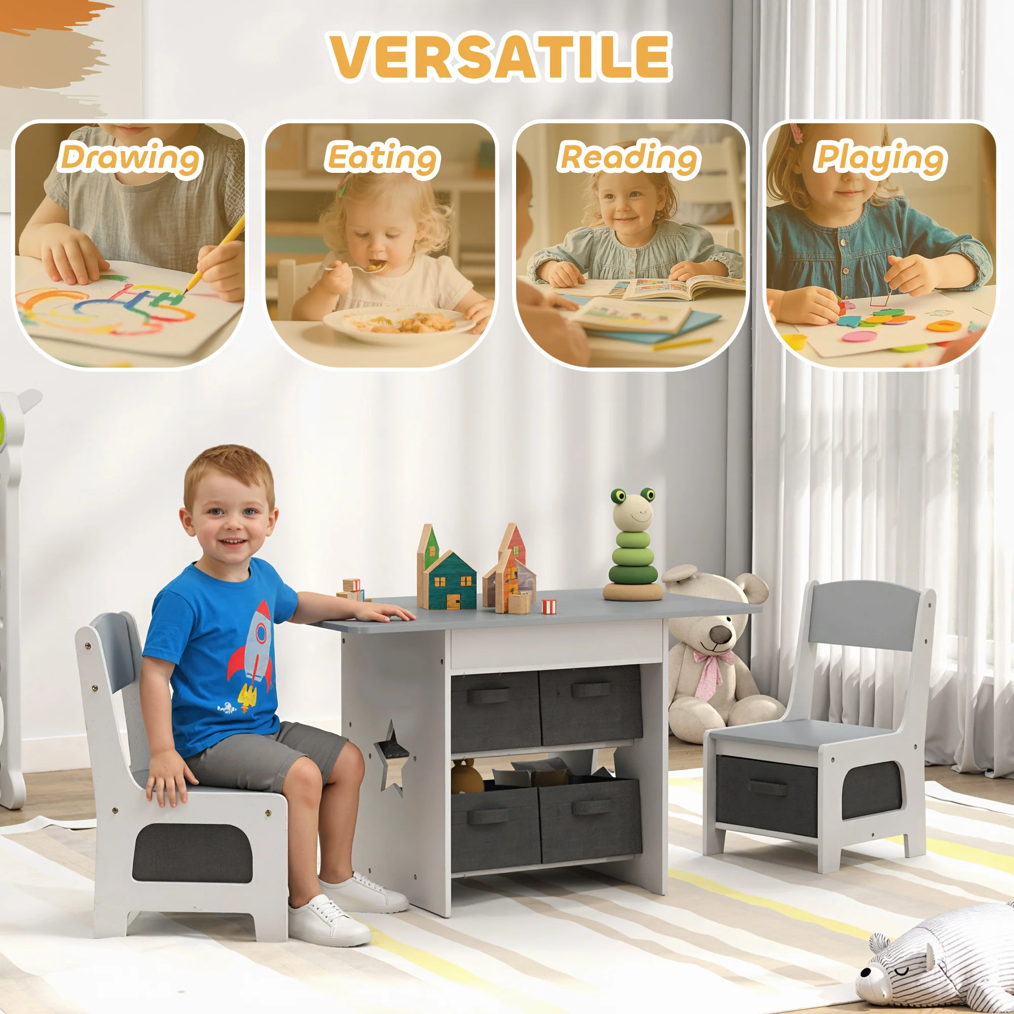 AIYAPLAY Kids Table And Chair Set With 6 Removable Drawers, Light Grey - Image 3