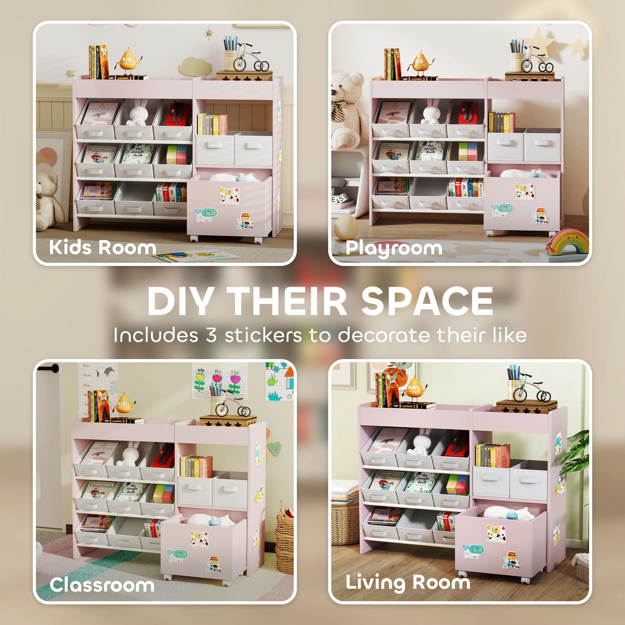 AIYAPLAY Kids Toy Storage Unit With 11 Fabric Bins, 3 Stickers, Pink - Image 6