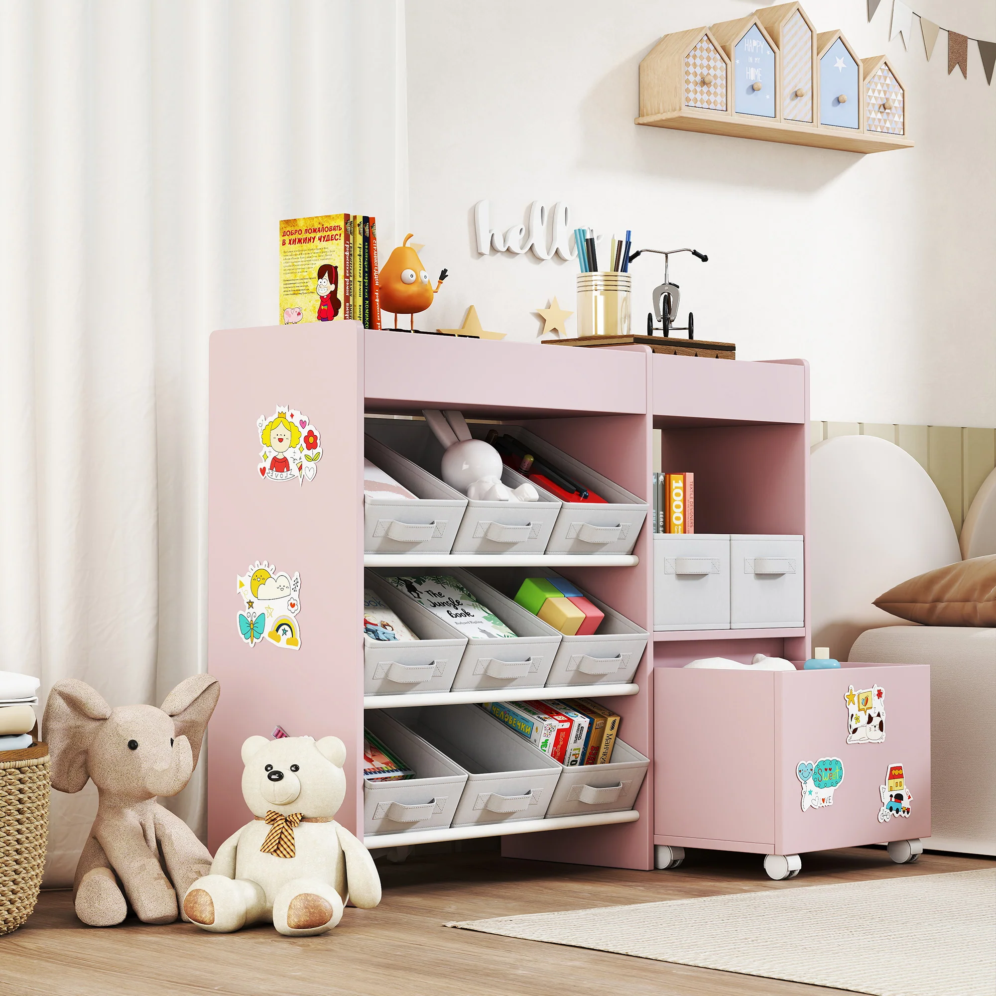 AIYAPLAY Kids Toy Storage Unit With 11 Fabric Bins, 3 Stickers, Pink - Image 9