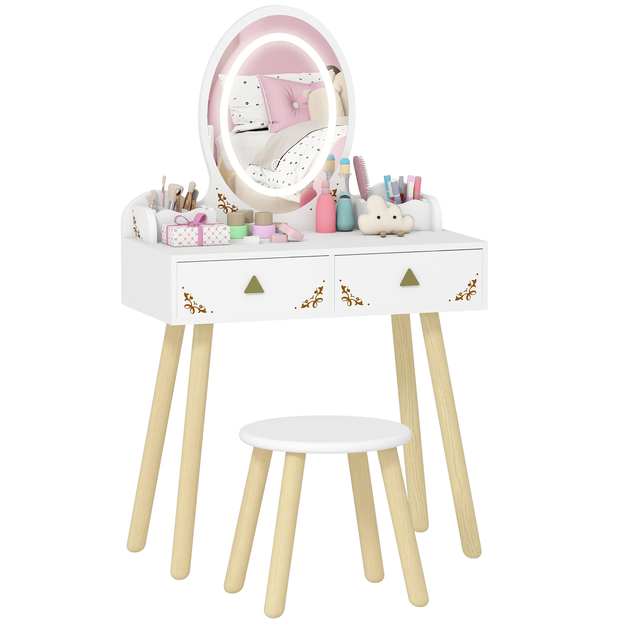 AIYAPLAY Kids Vanity Table And Chair Set With 3-Colour LED Lights Mirror
