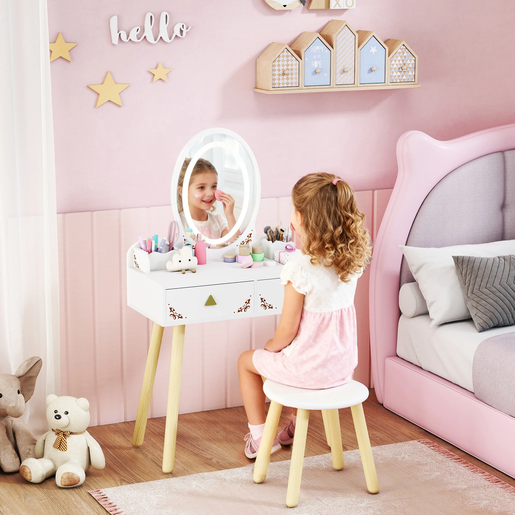 AIYAPLAY Kids Vanity Table And Chair Set With 3-Colour LED Lights Mirror - Image 2