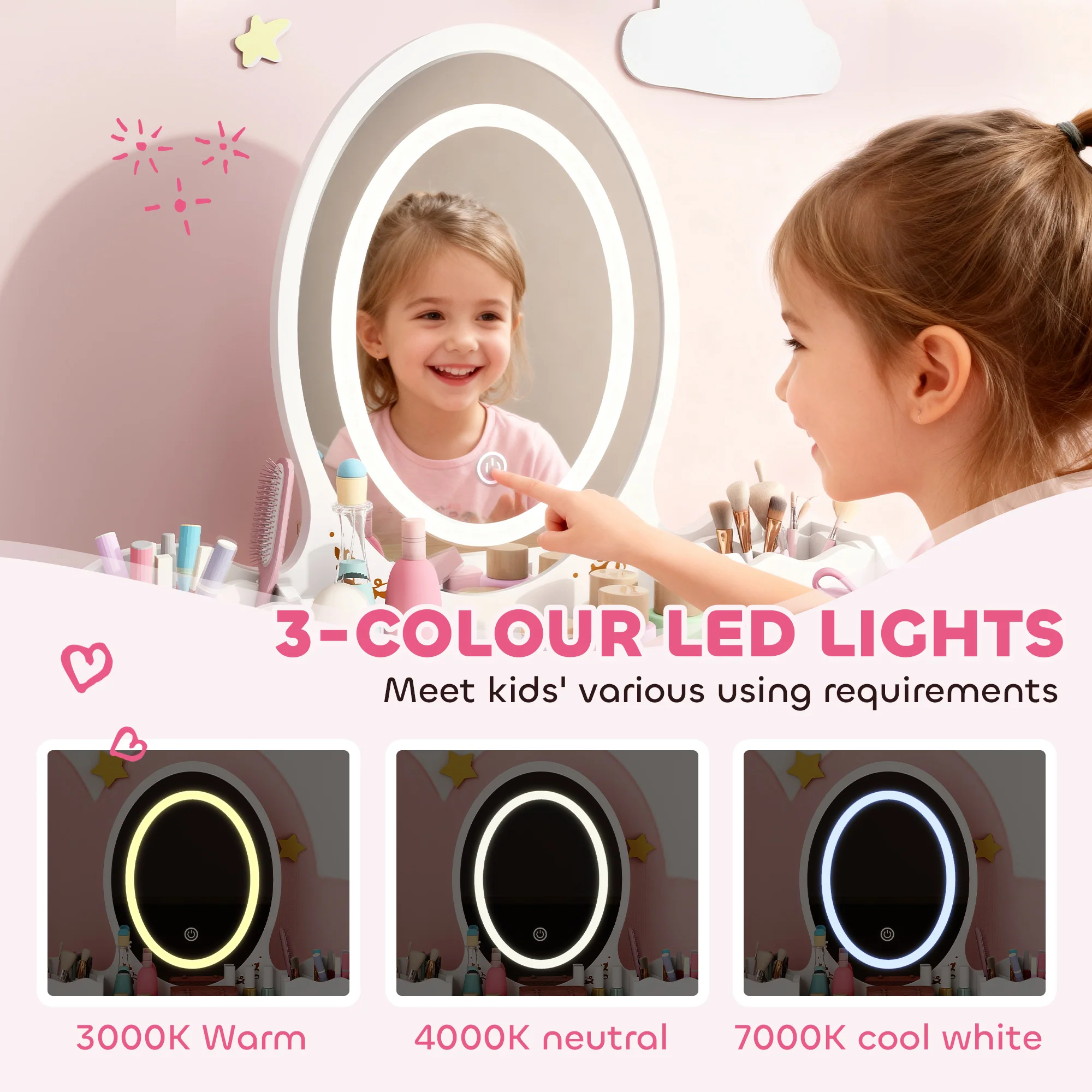 AIYAPLAY Kids Vanity Table And Chair Set With 3-Colour LED Lights Mirror - Image 3