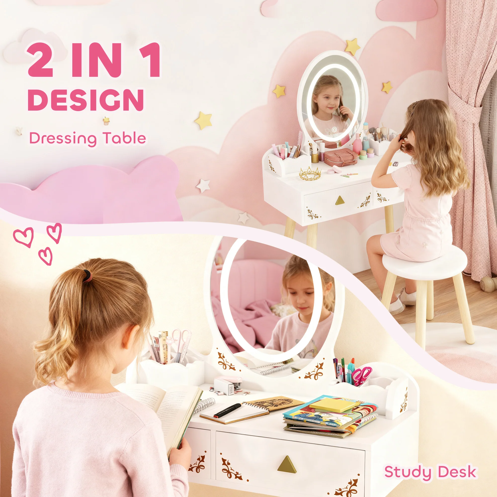 AIYAPLAY Kids Vanity Table And Chair Set With 3-Colour LED Lights Mirror - Image 4