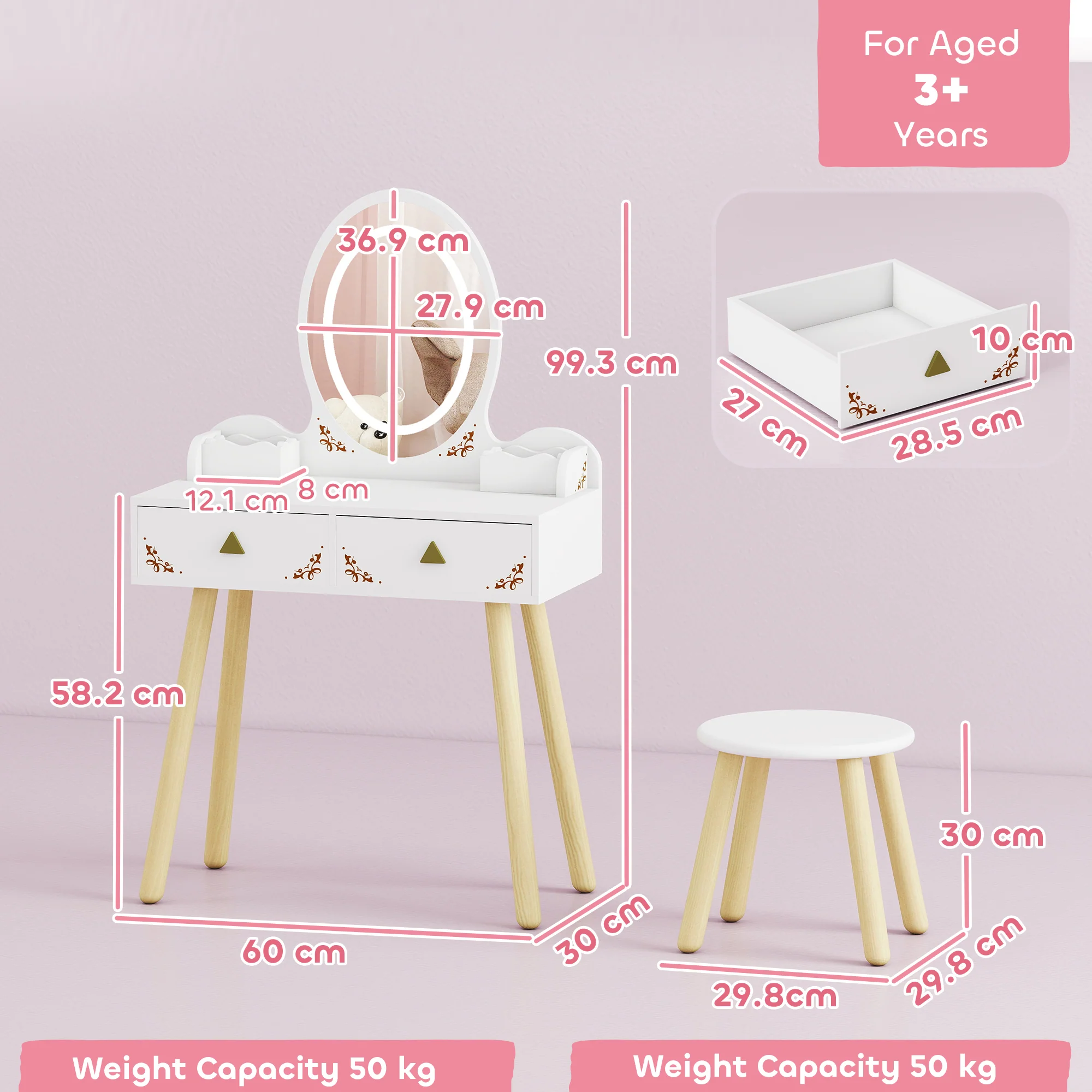AIYAPLAY Kids Vanity Table And Chair Set With 3-Colour LED Lights Mirror - Image 5