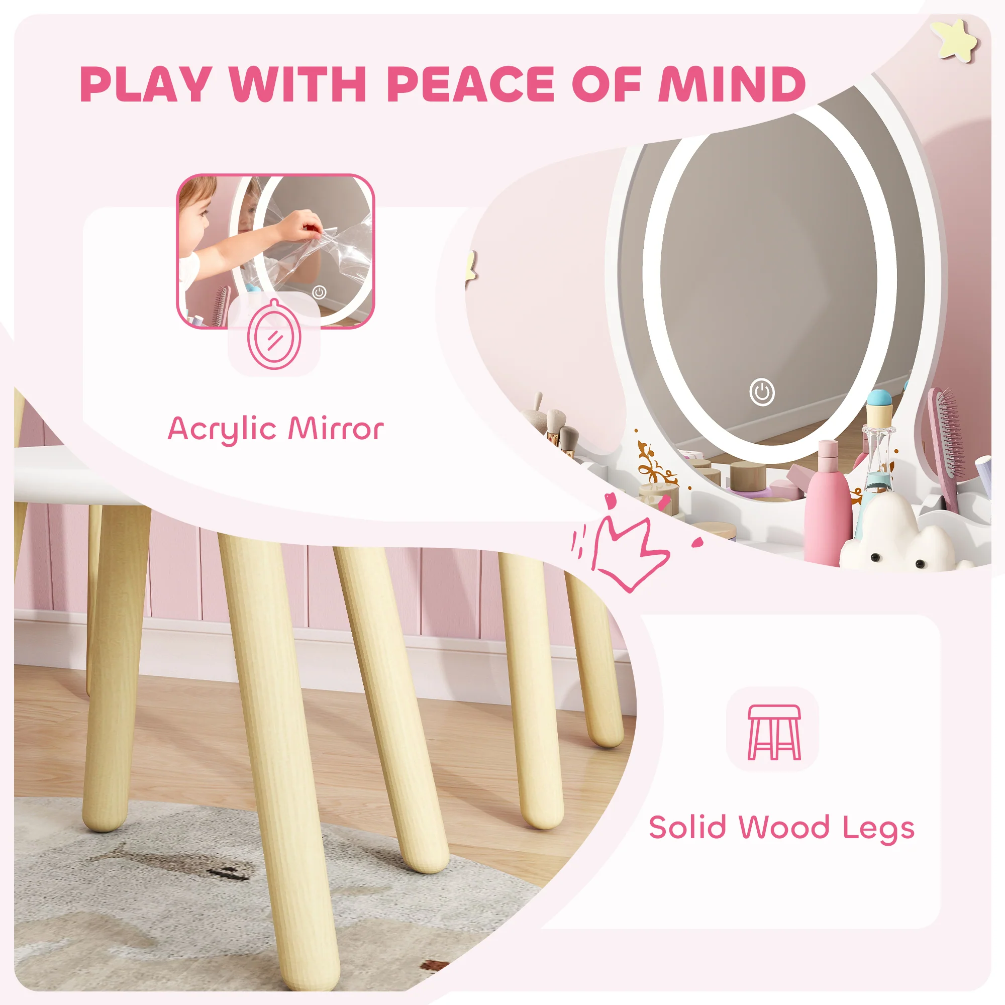 AIYAPLAY Kids Vanity Table And Chair Set With 3-Colour LED Lights Mirror - Image 7
