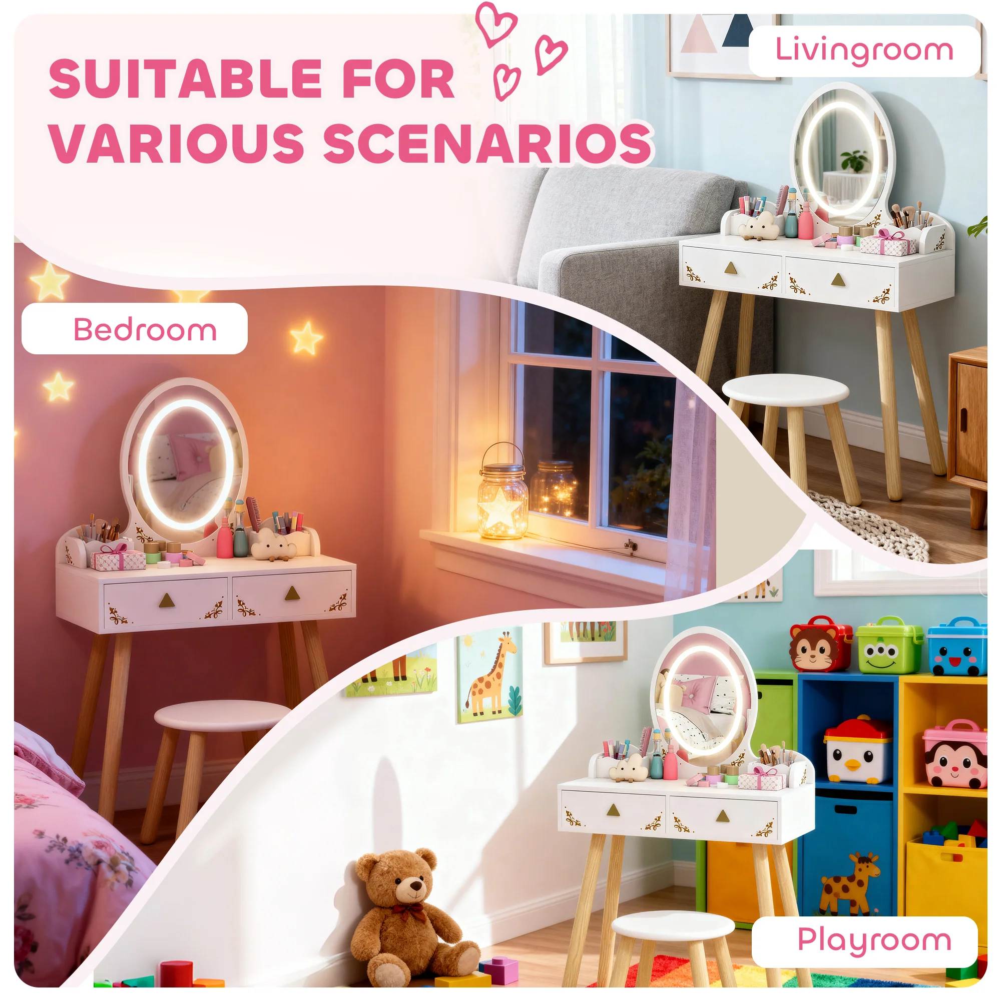 AIYAPLAY Kids Vanity Table And Chair Set With 3-Colour LED Lights Mirror - Image 8