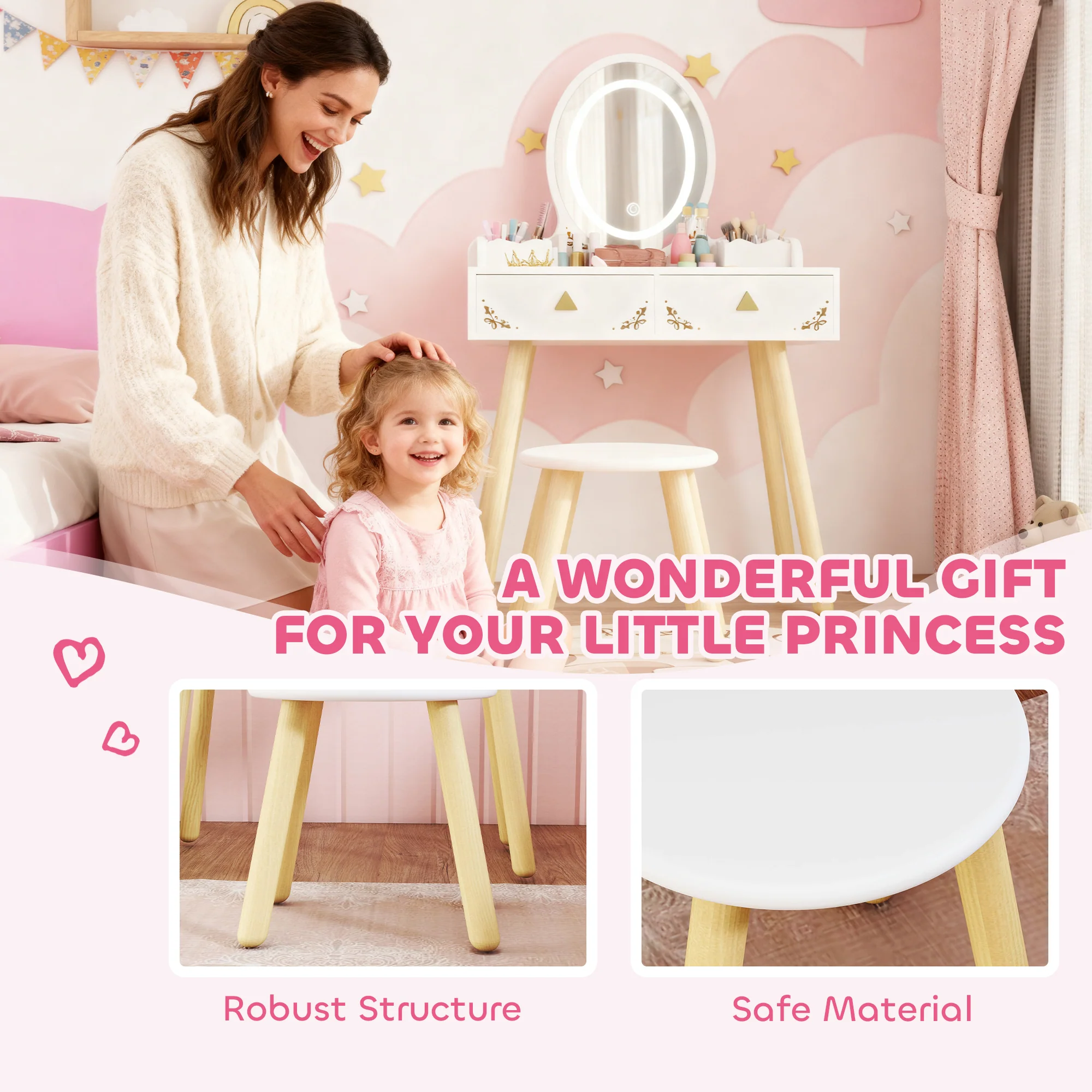 AIYAPLAY Kids Vanity Table And Chair Set With 3-Colour LED Lights Mirror - Image 9