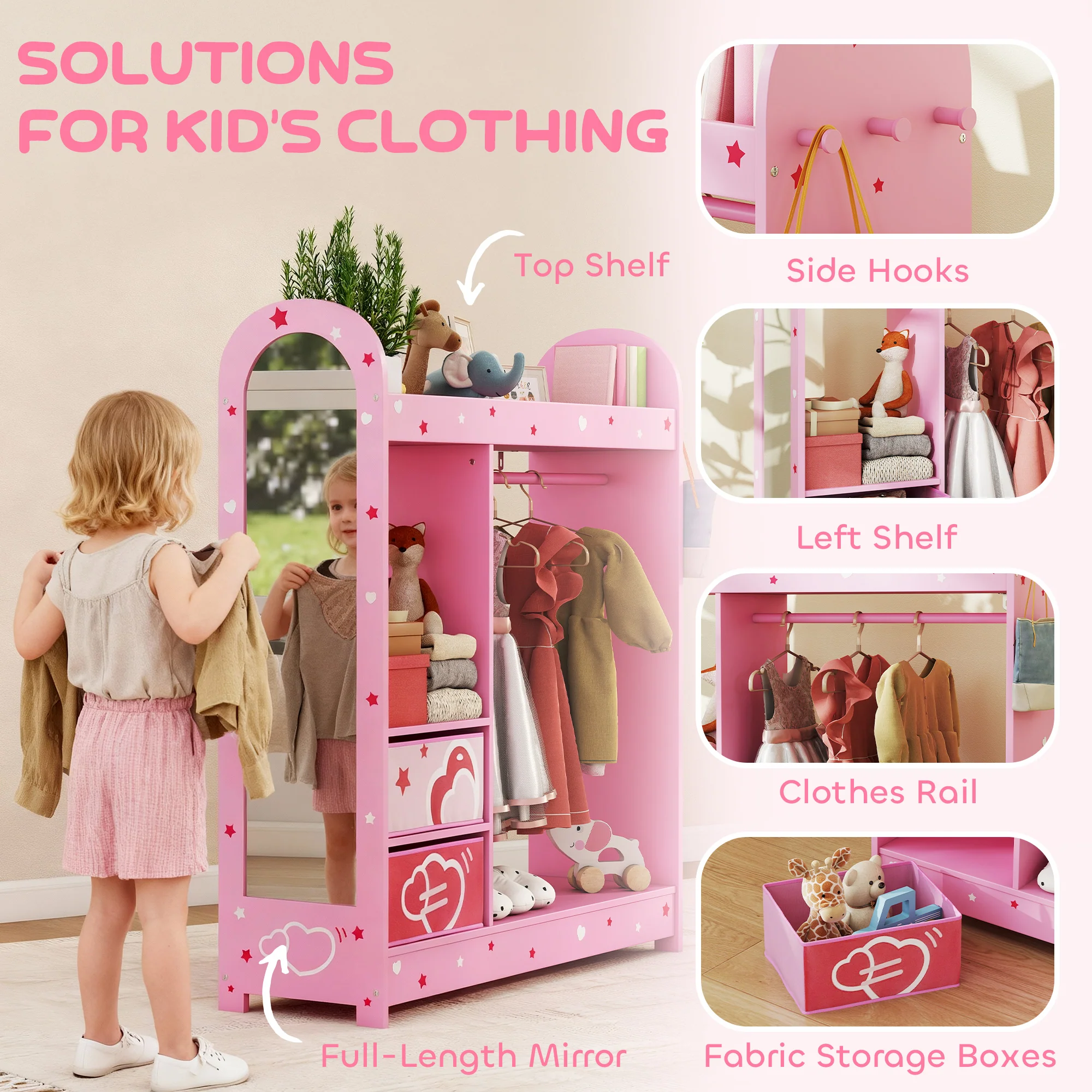AIYAPLAY Kids Wardrobe, Kids Clothes Rail With Mirror For Bedroom, Pink - Image 3