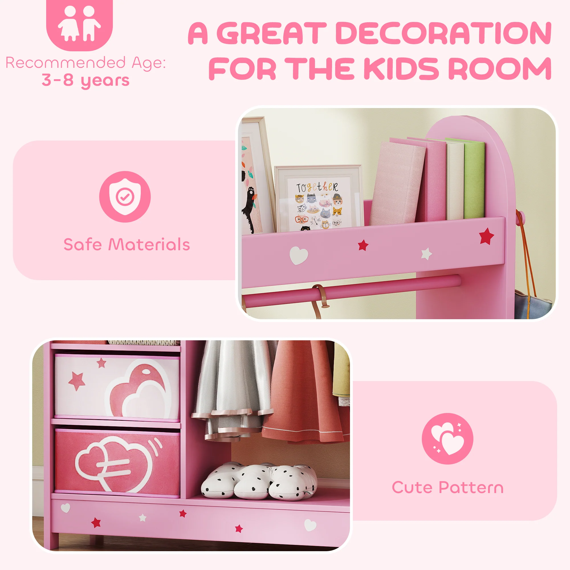 AIYAPLAY Kids Wardrobe, Kids Clothes Rail With Mirror For Bedroom, Pink - Image 4