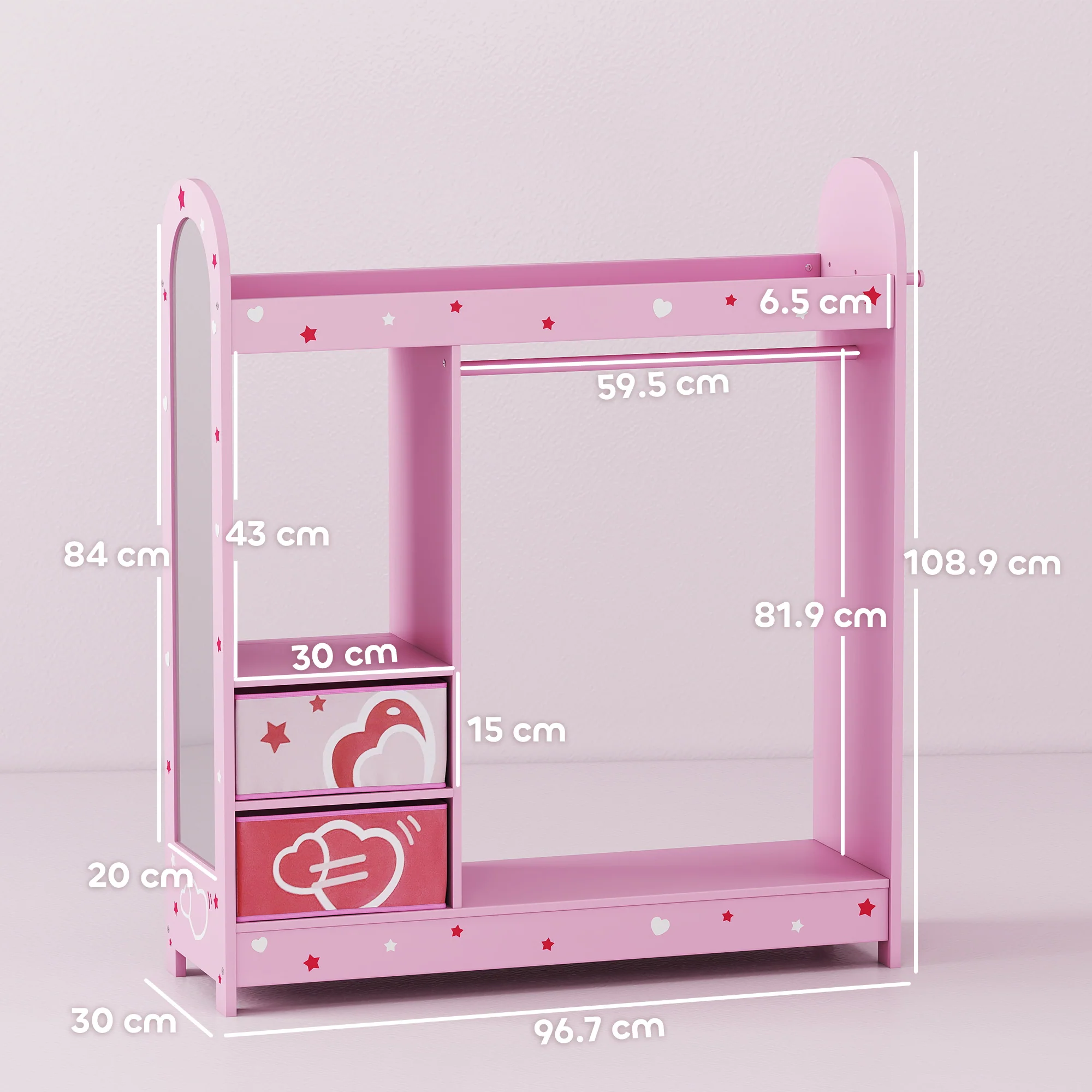 AIYAPLAY Kids Wardrobe, Kids Clothes Rail With Mirror For Bedroom, Pink - Image 5