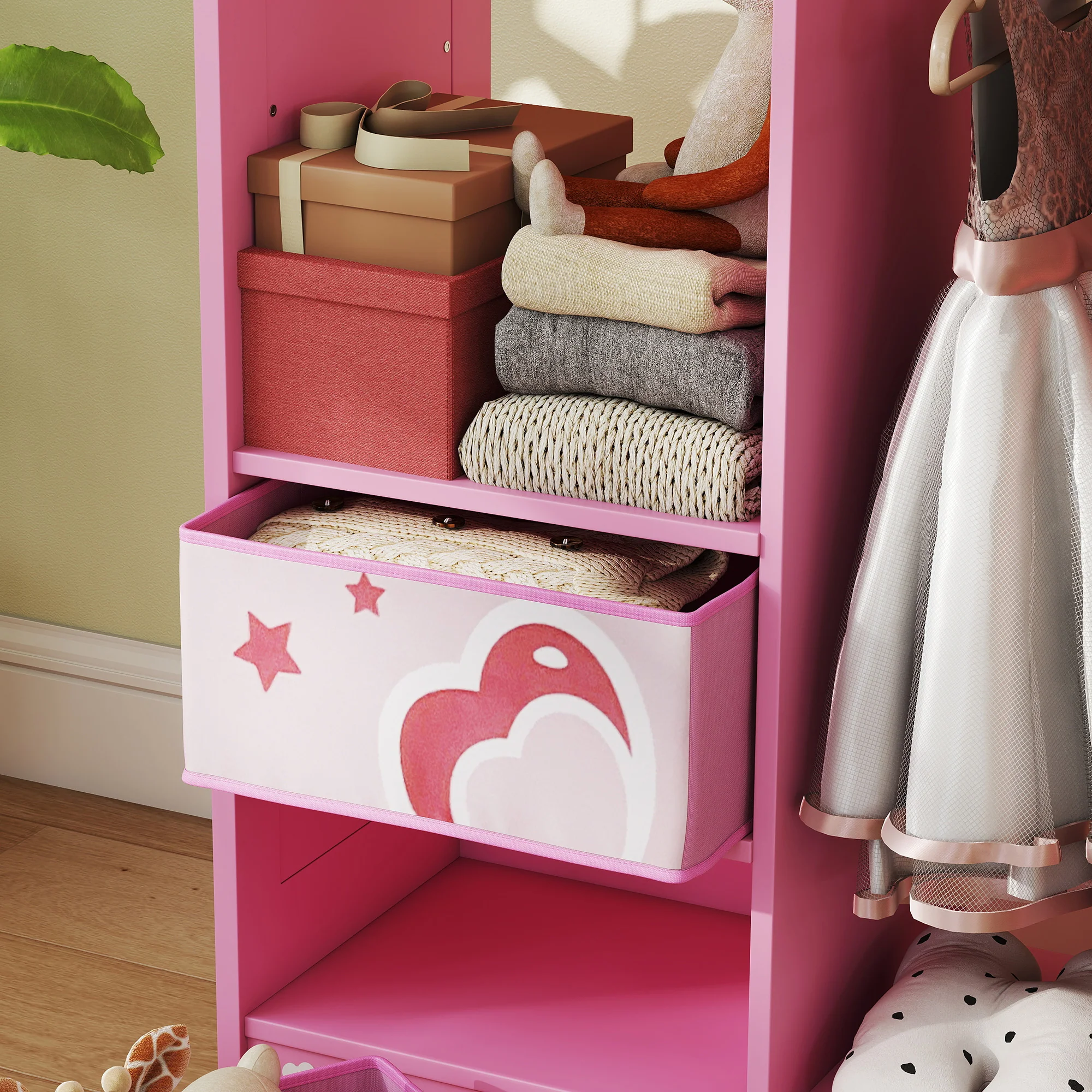 AIYAPLAY Kids Wardrobe, Kids Clothes Rail With Mirror For Bedroom, Pink - Image 8