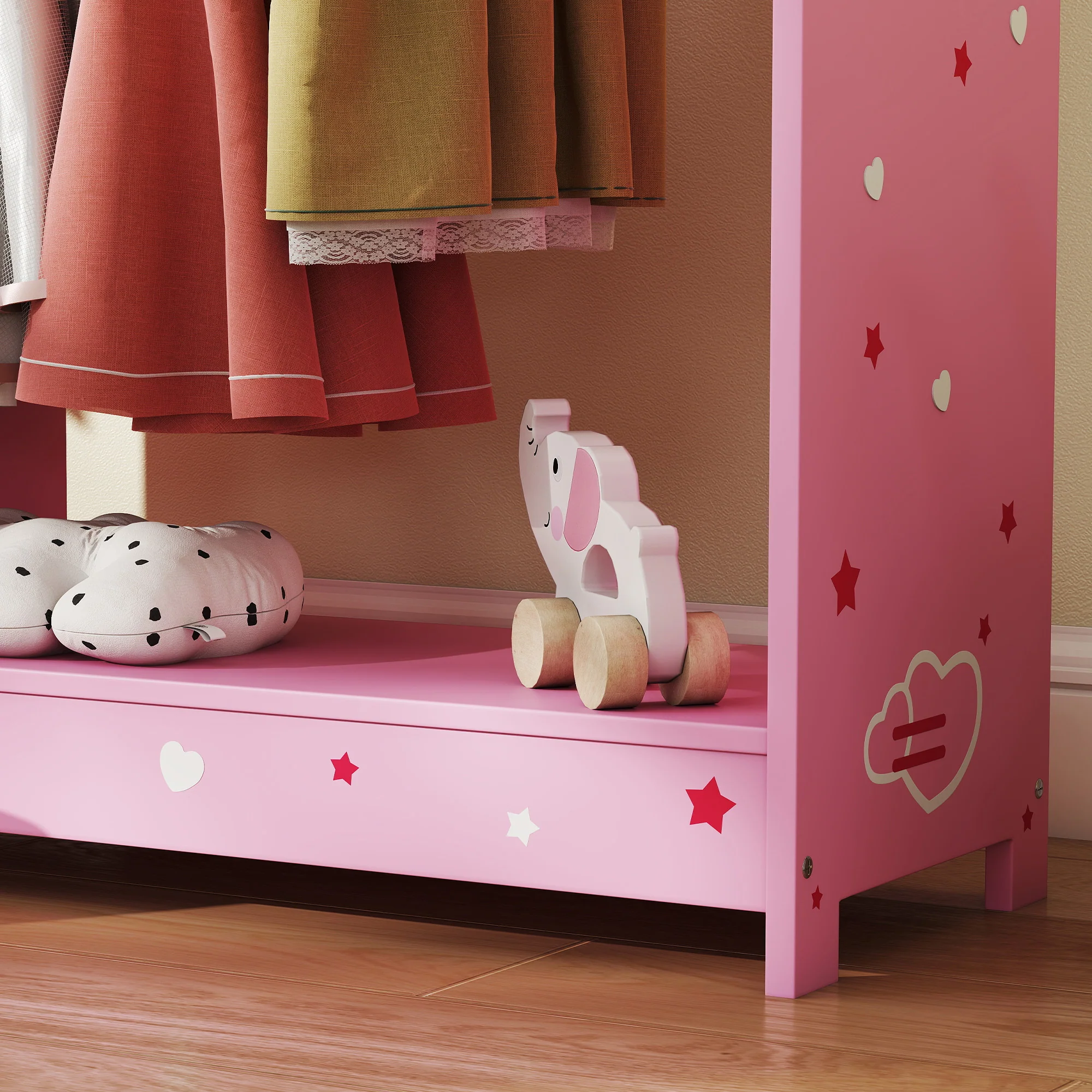 AIYAPLAY Kids Wardrobe, Kids Clothes Rail With Mirror For Bedroom, Pink - Image 9