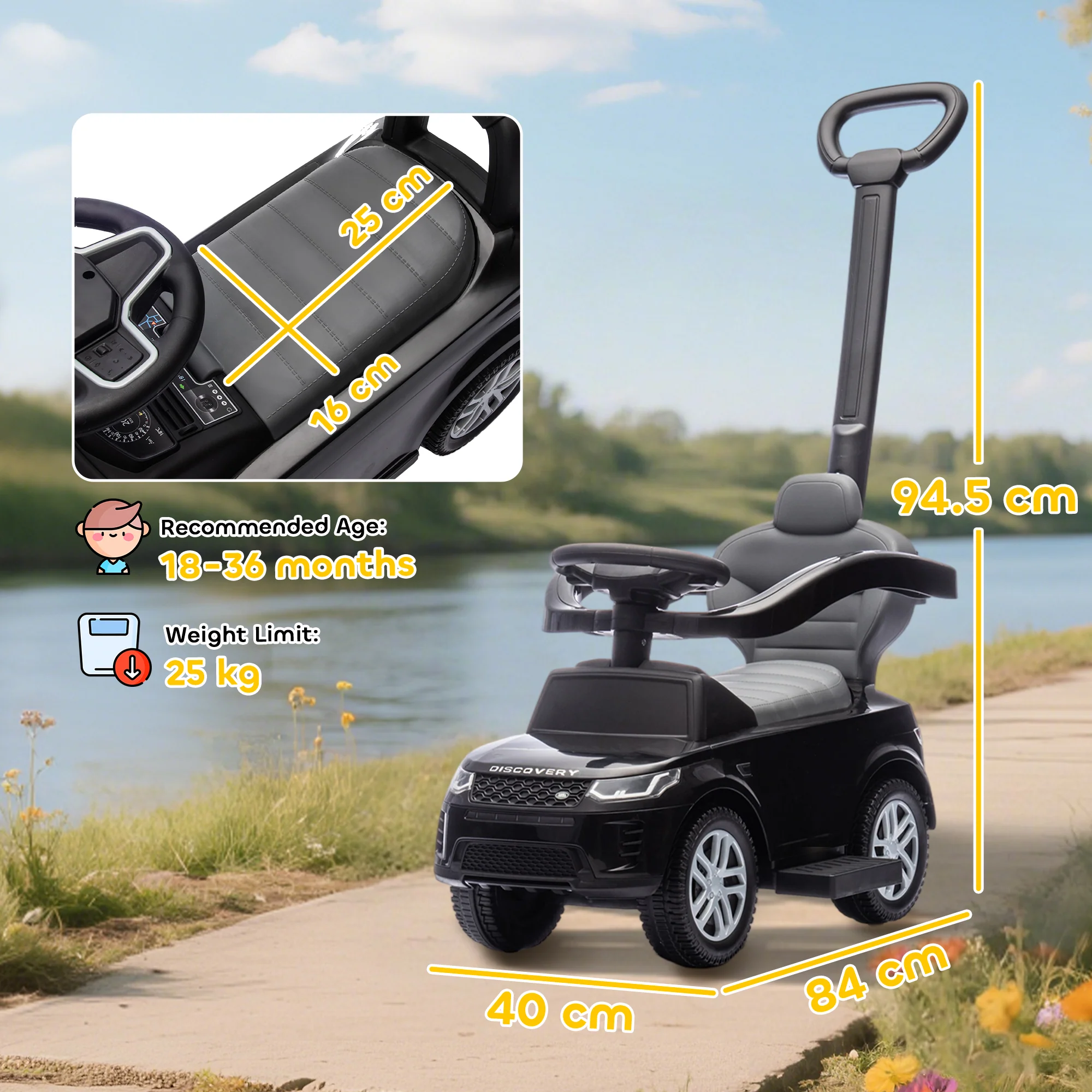 AIYAPLAY Land Rover Licensed Baby Push Car, 2-in-1 Ride On Car, Black - Image 5