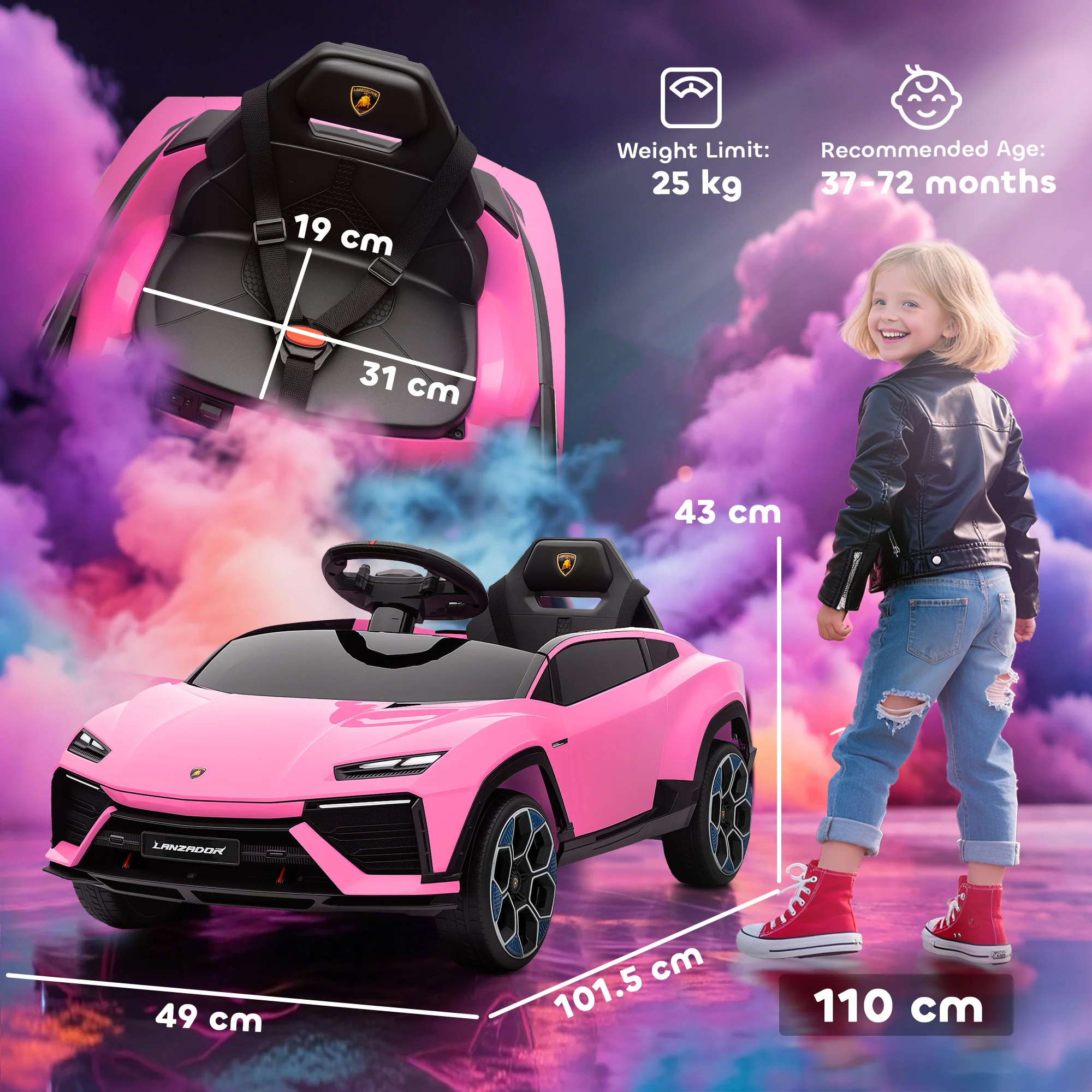 AIYAPLAY Licensed Lamborghini Electric Ride On Car With Suspension, Pink - Image 5