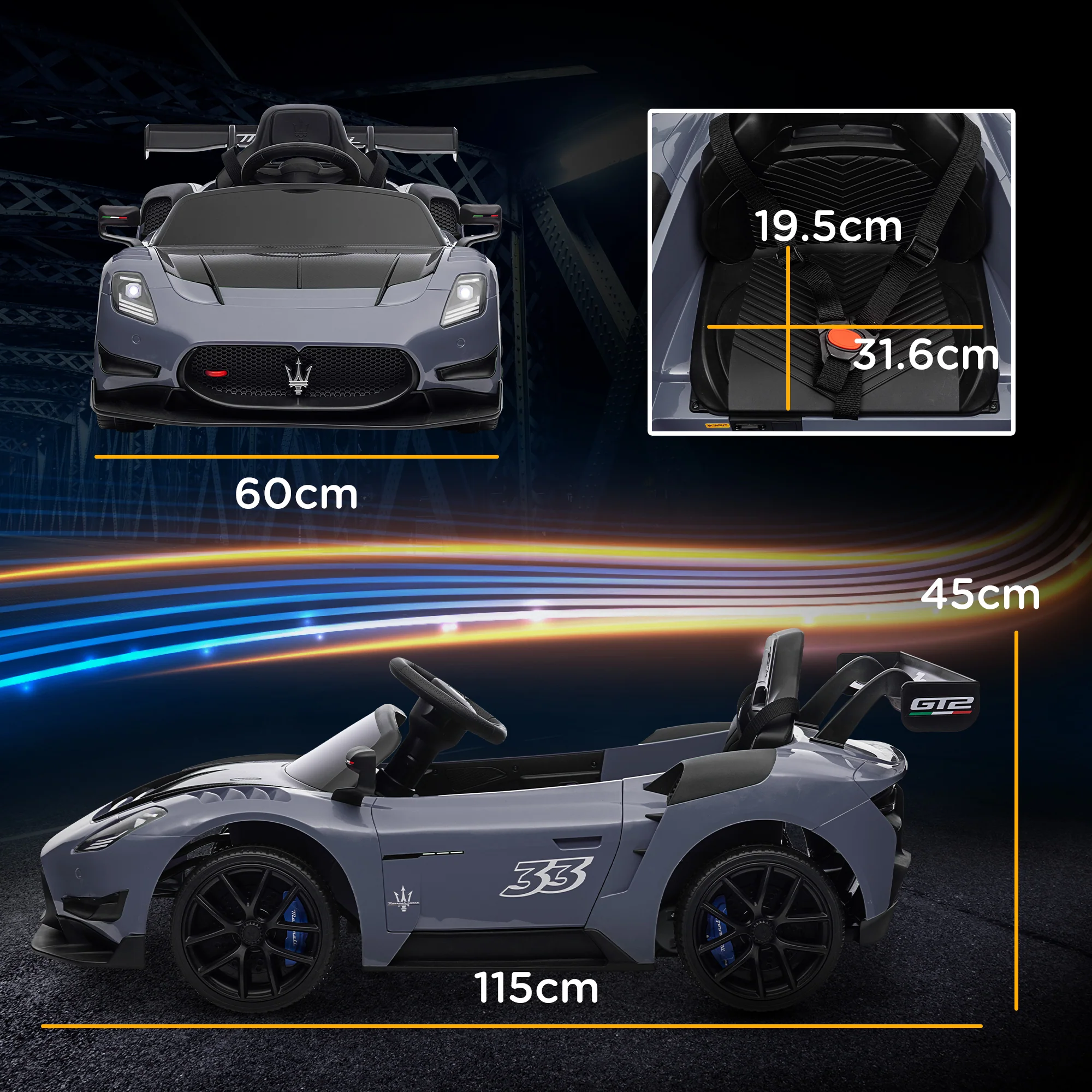 AIYAPLAY Maserati GT2 Licensed 12V Electric Ride On Car W/ Remote - Grey/Pink/White - Image 14