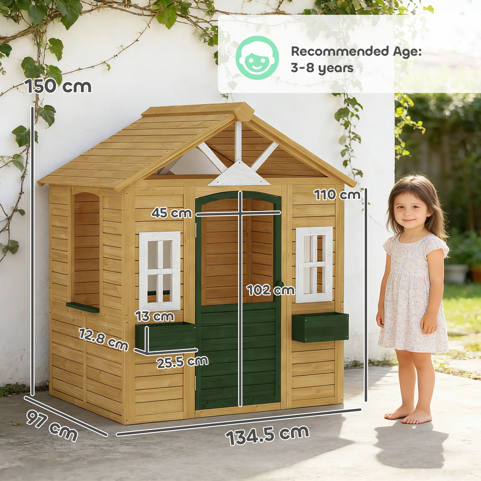 AIYAPLAY Outdoor Playhouse, Wooden Wendy House with Door, 2 Flower Boxes - Image 5