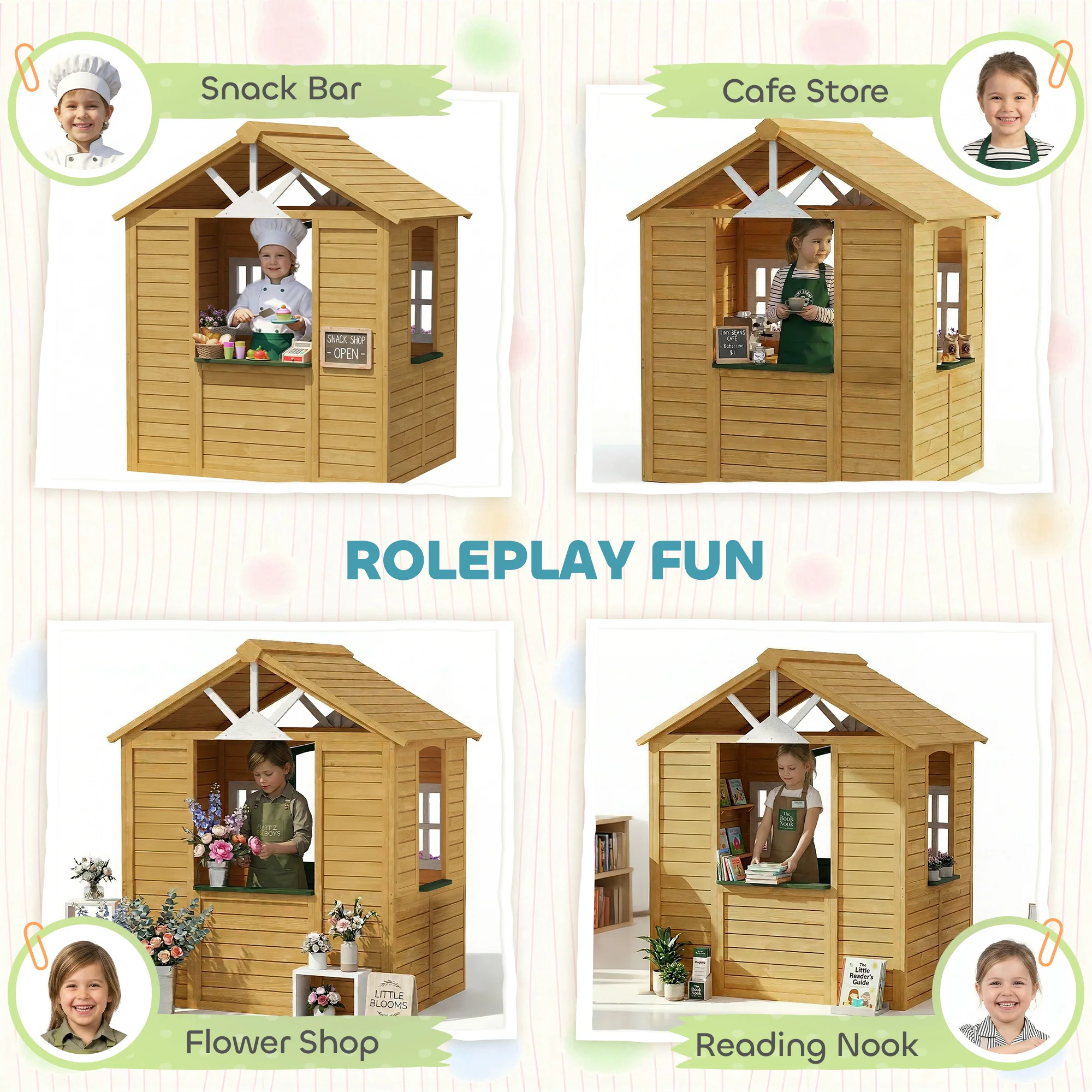 AIYAPLAY Outdoor Playhouse, Wooden Wendy House with Door, 2 Flower Boxes - Image 6