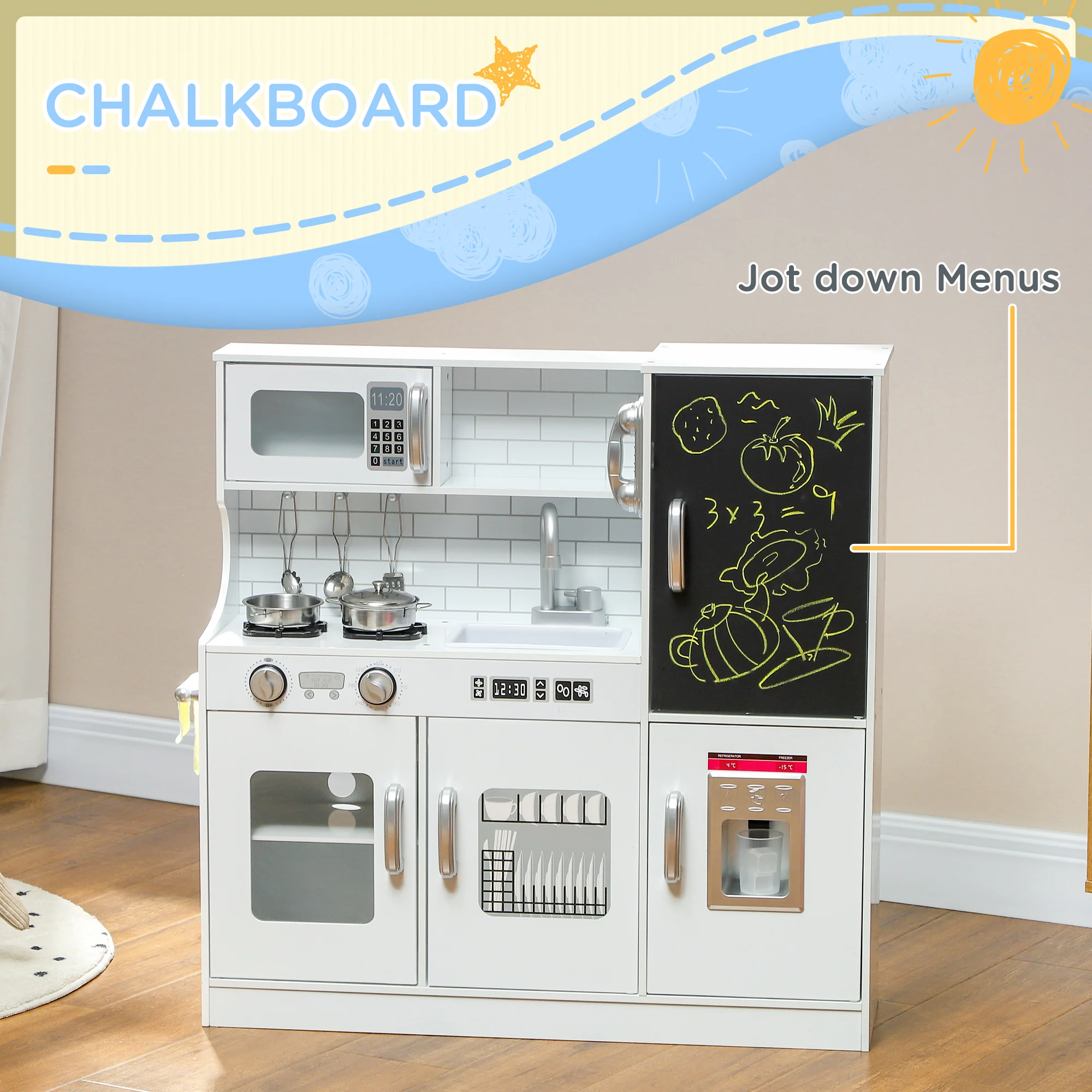 AIYAPLAY Play Kitchen, Pretend Toy Kitchen with Toy Phone, Chalkboard, White - Image 3