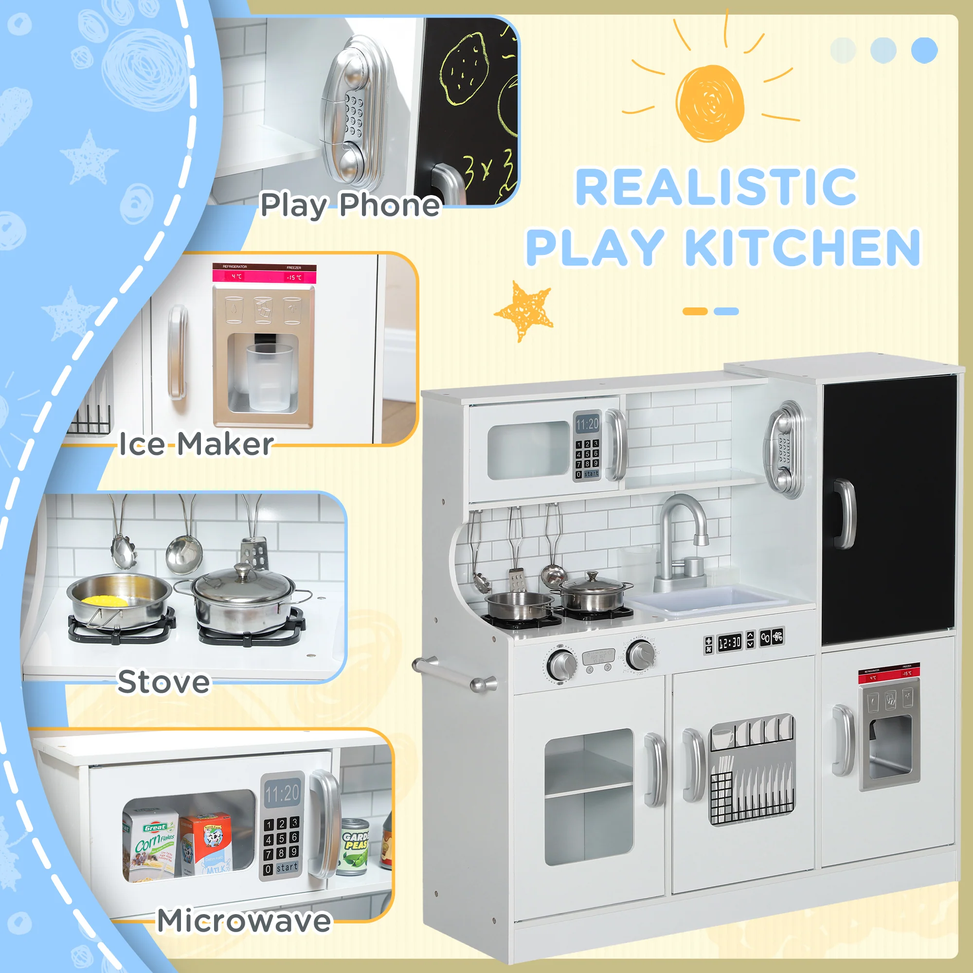 AIYAPLAY Play Kitchen, Pretend Toy Kitchen with Toy Phone, Chalkboard, White - Image 4