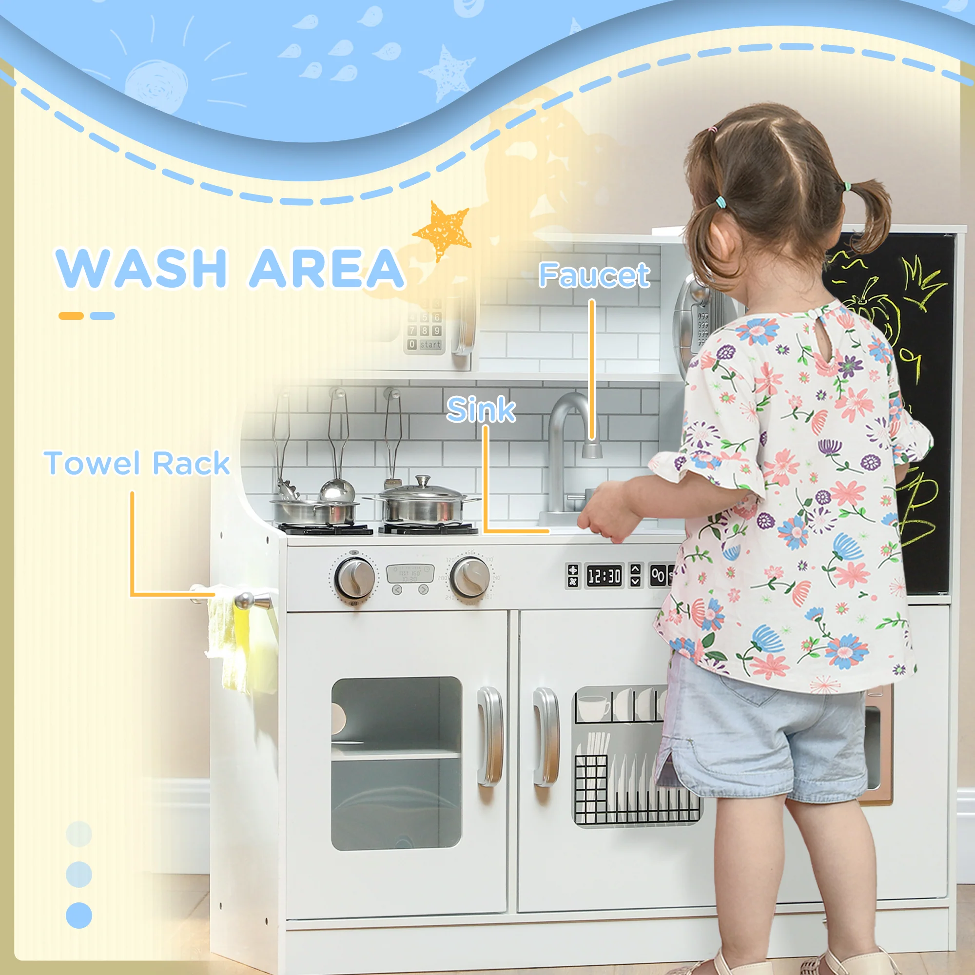 AIYAPLAY Play Kitchen, Pretend Toy Kitchen with Toy Phone, Chalkboard, White - Image 6