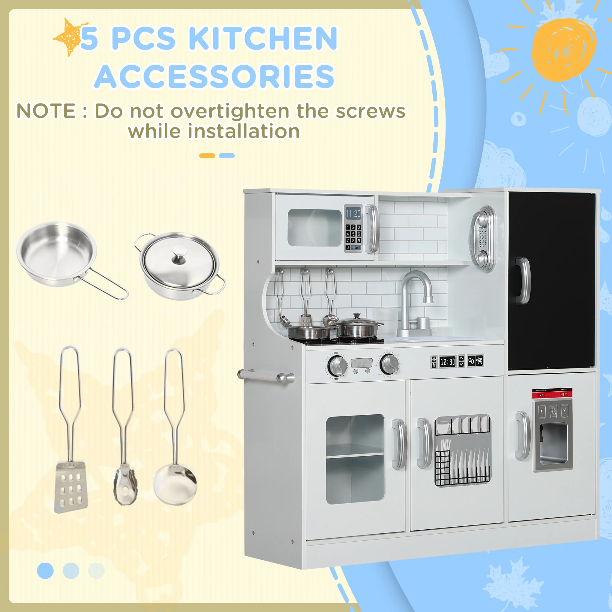 AIYAPLAY Play Kitchen, Pretend Toy Kitchen with Toy Phone, Chalkboard, White - Image 7
