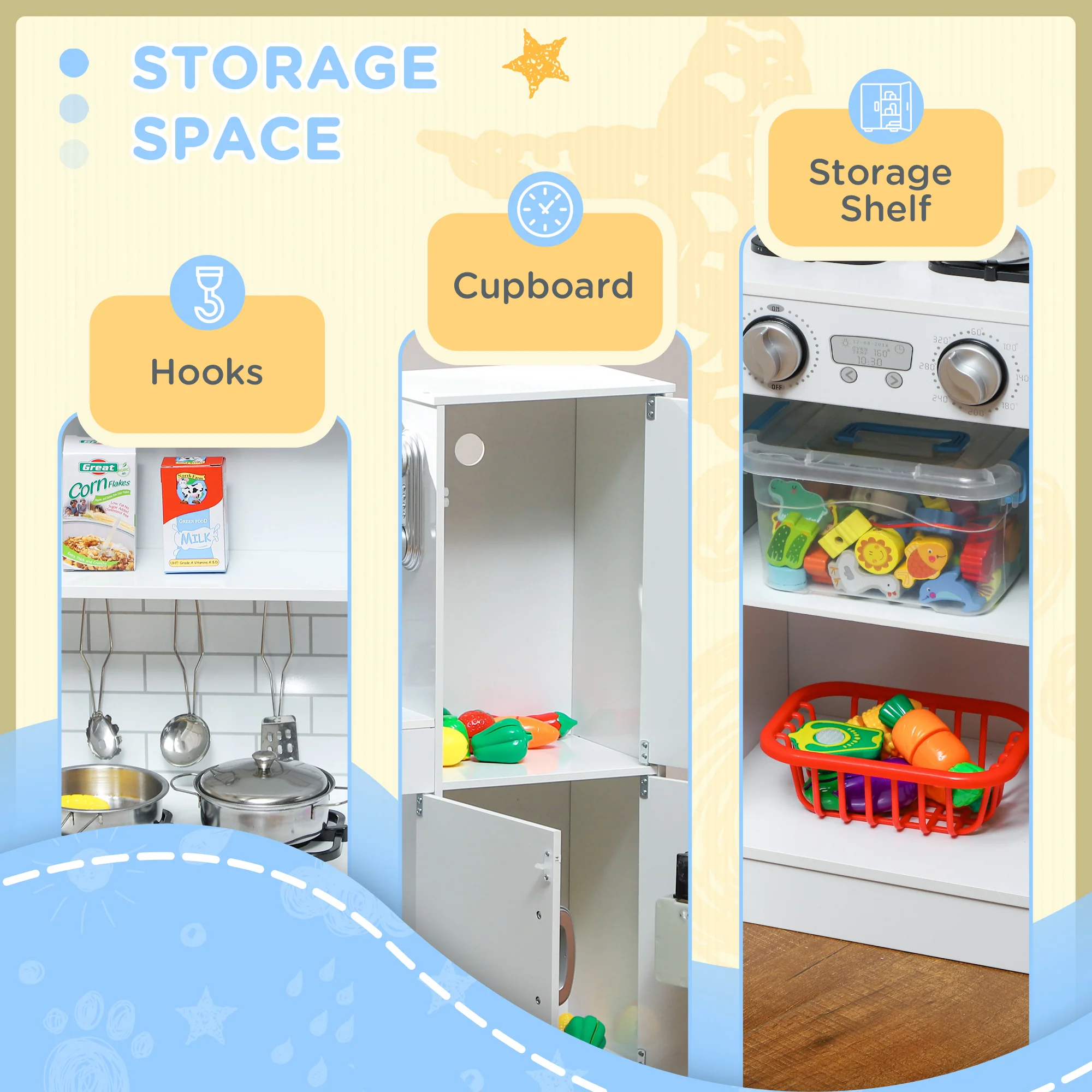 AIYAPLAY Play Kitchen, Pretend Toy Kitchen with Toy Phone, Chalkboard, White - Image 8