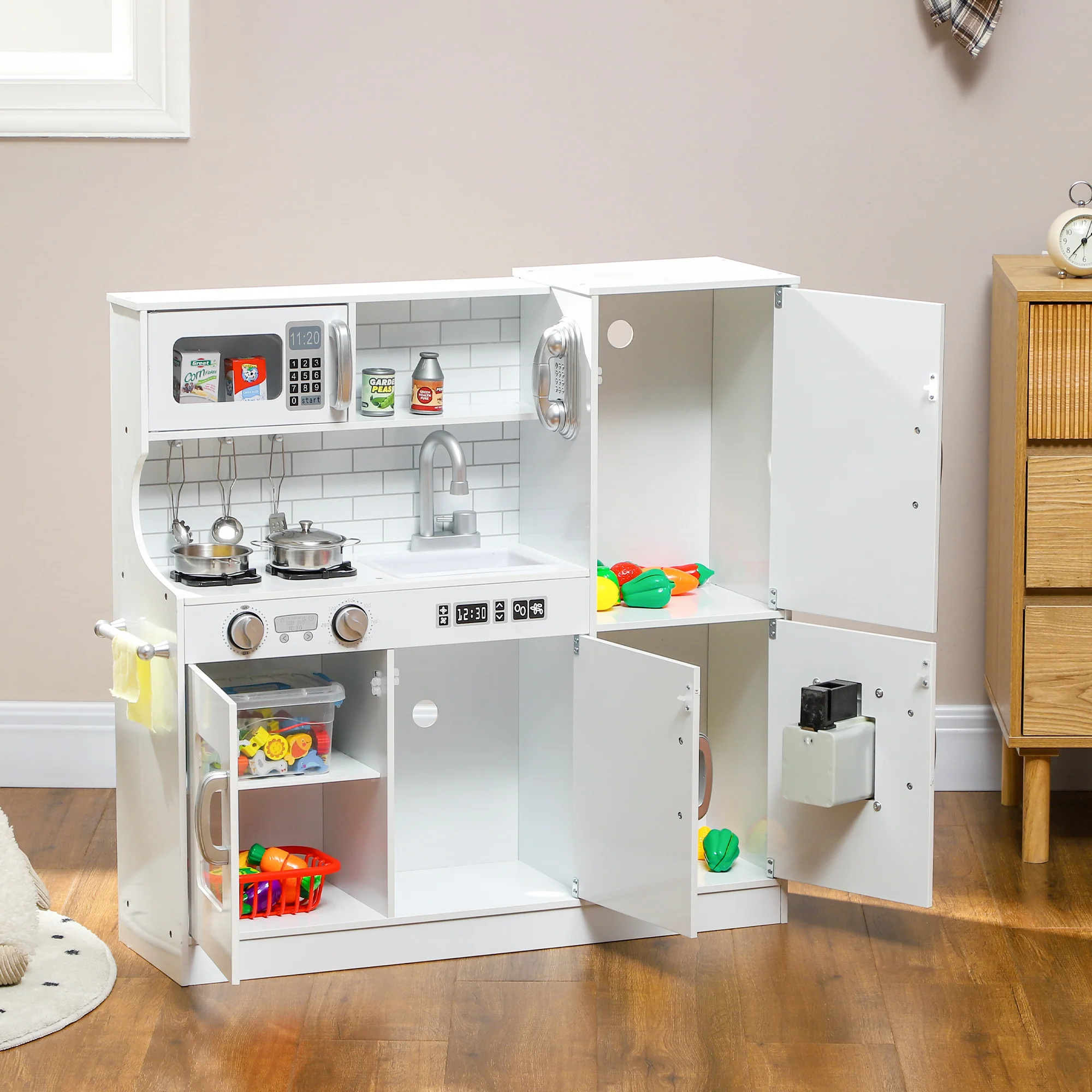 AIYAPLAY Play Kitchen, Pretend Toy Kitchen with Toy Phone, Chalkboard, White - Image 9