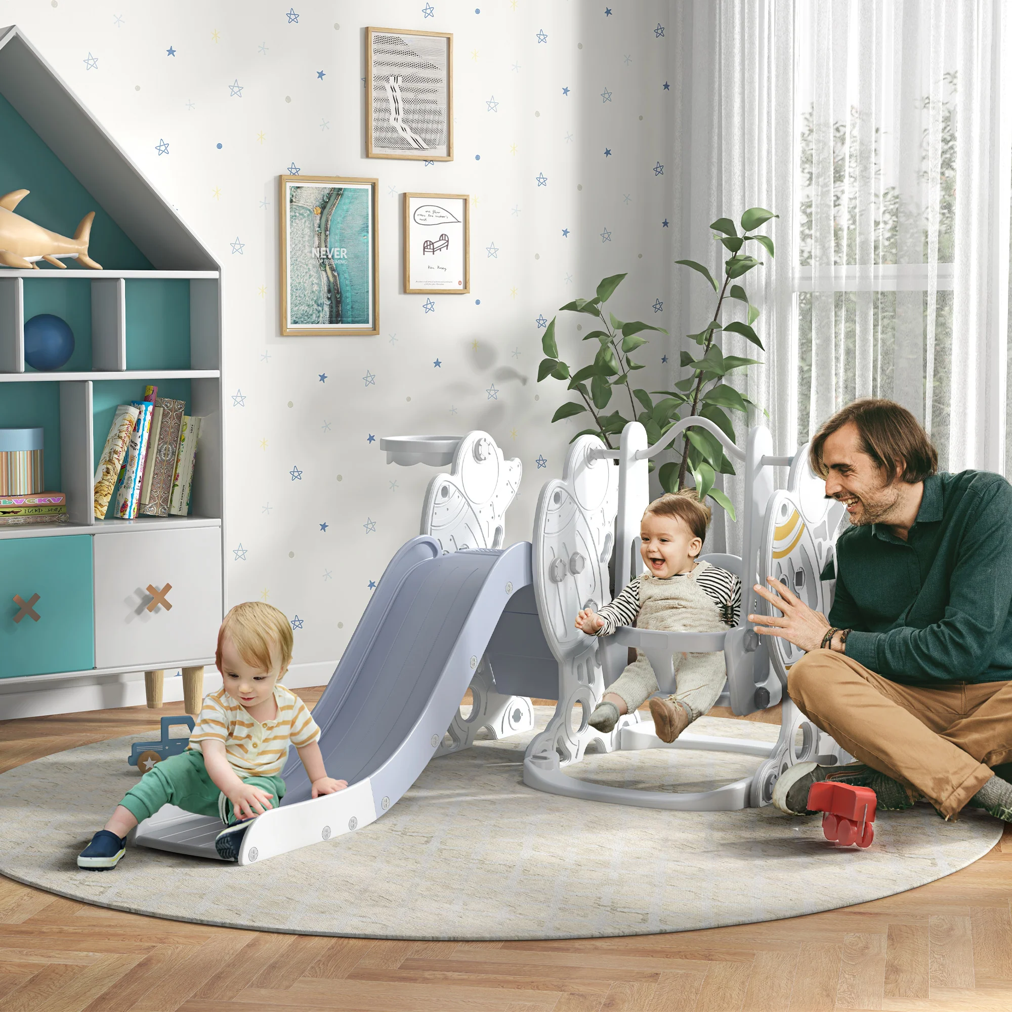 AIYAPLAY Space-Themed Slide and Swing Set for Kids, Swing Slide Basketball Hoop - Image 2