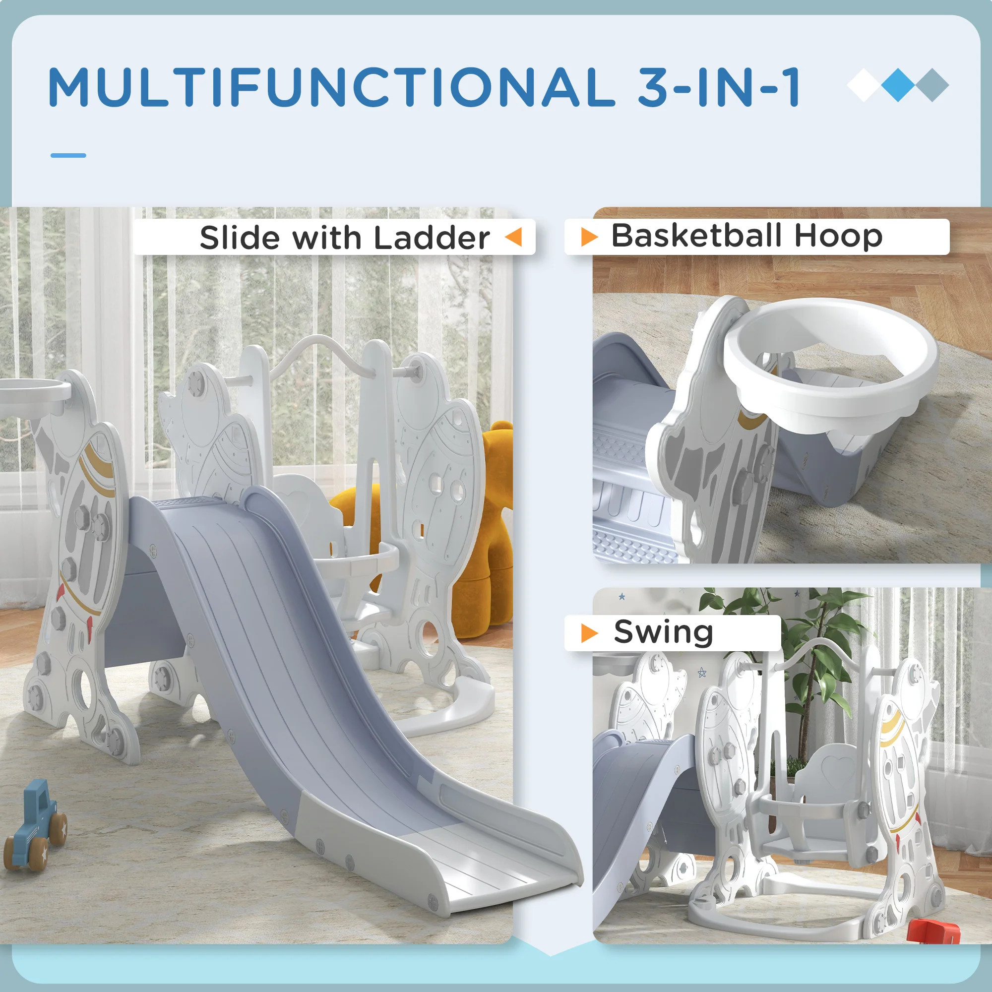 AIYAPLAY Space-Themed Slide and Swing Set for Kids, Swing Slide Basketball Hoop - Image 3