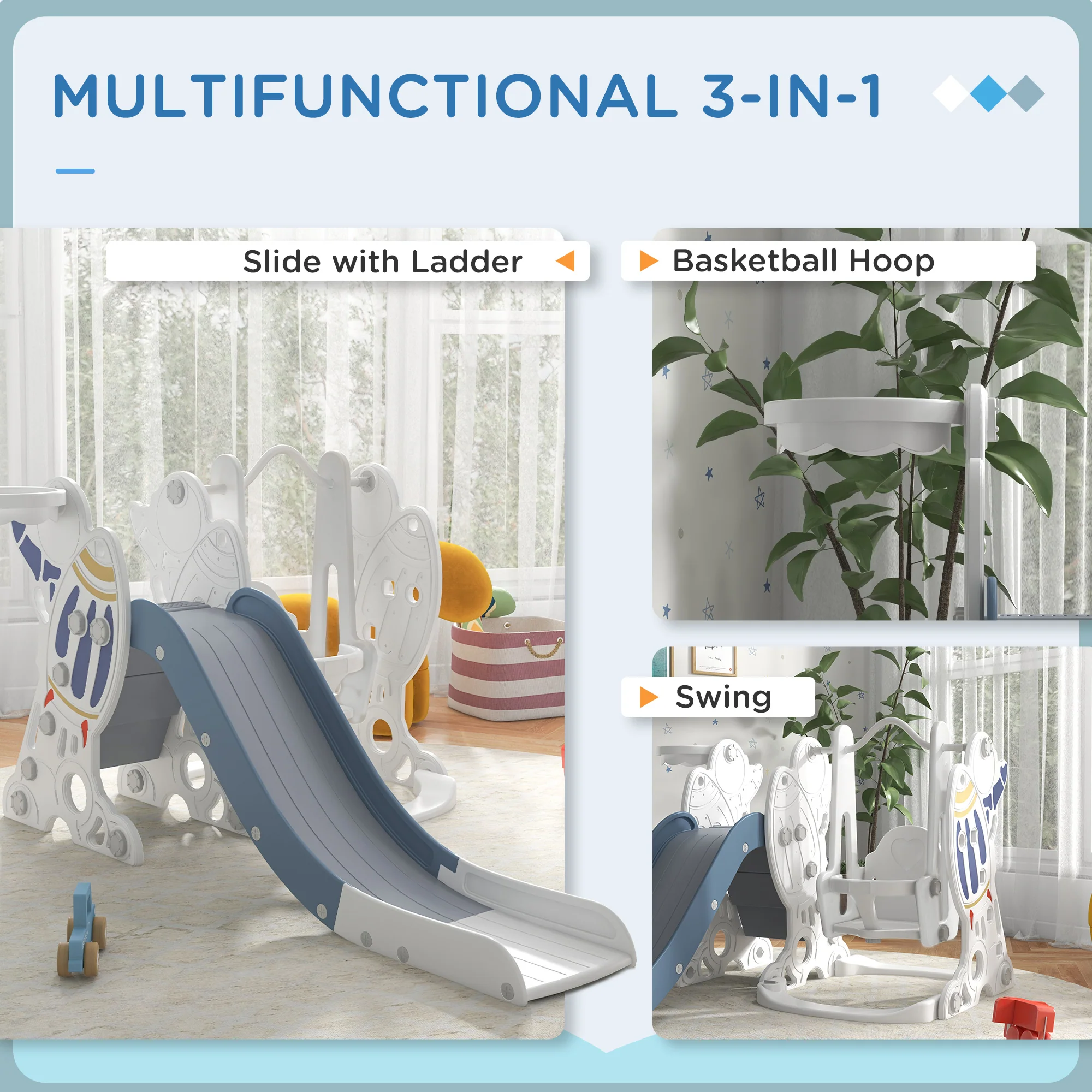 AIYAPLAY Space-Themed Slide and Swing Set for Kids w/ Basketball Hoop, Blue - Image 3