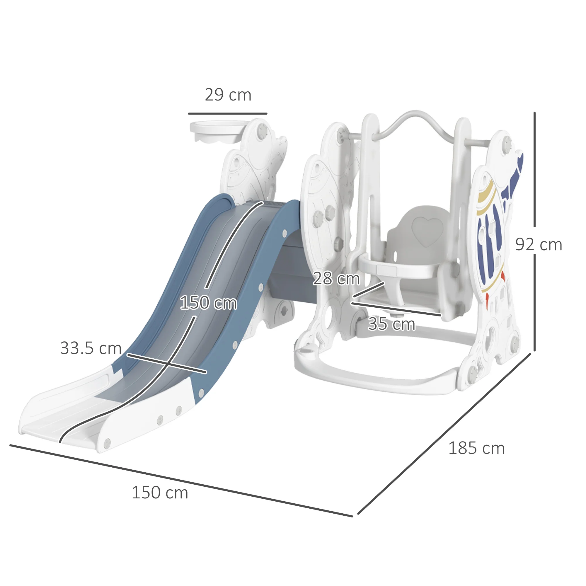 AIYAPLAY Space-Themed Slide and Swing Set for Kids w/ Basketball Hoop, Blue - Image 5