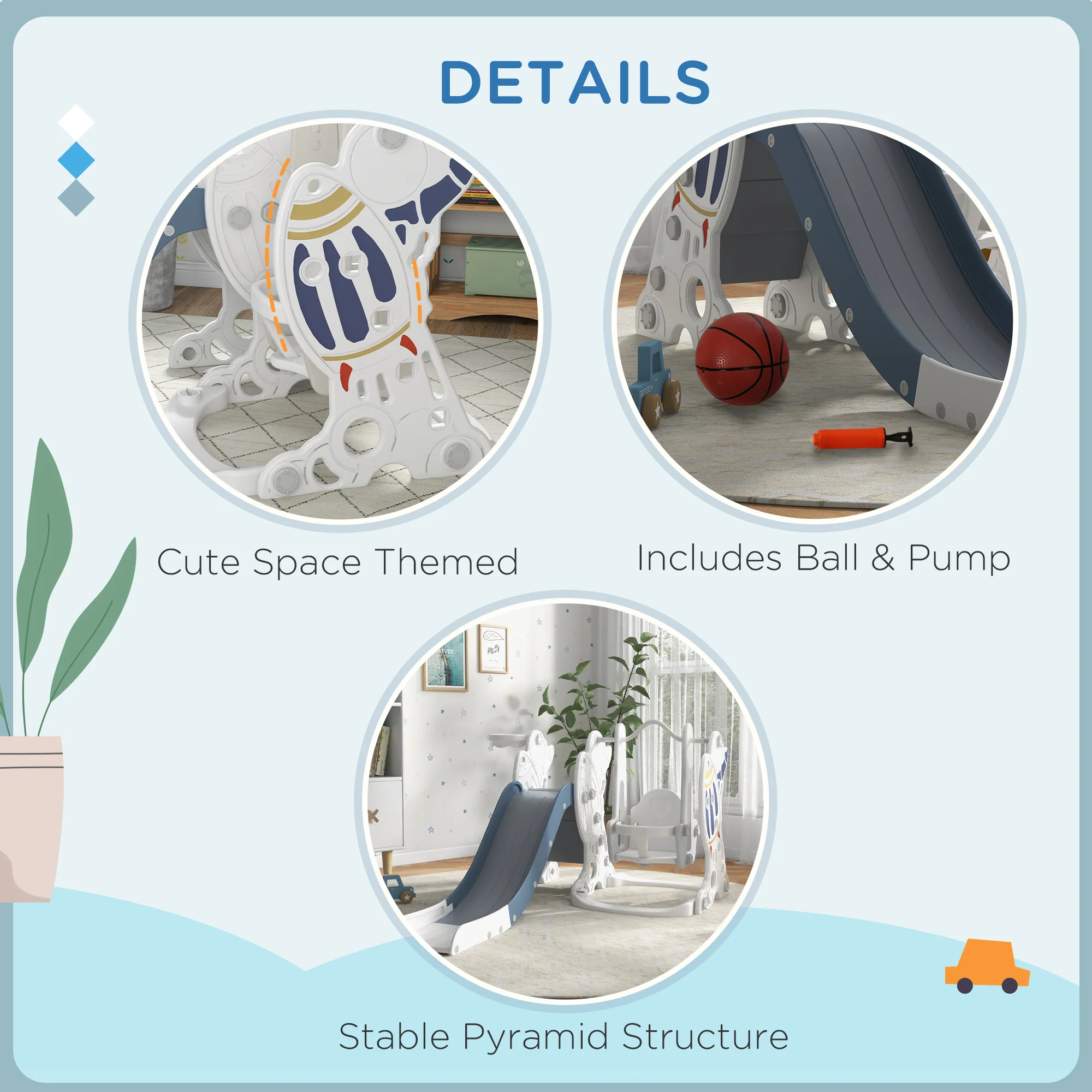 AIYAPLAY Space-Themed Slide and Swing Set for Kids w/ Basketball Hoop, Blue - Image 7