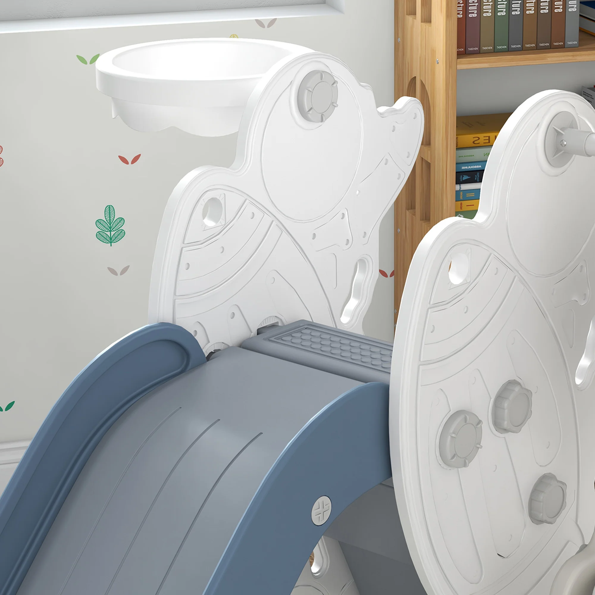 AIYAPLAY Space-Themed Slide and Swing Set for Kids w/ Basketball Hoop, Blue - Image 9
