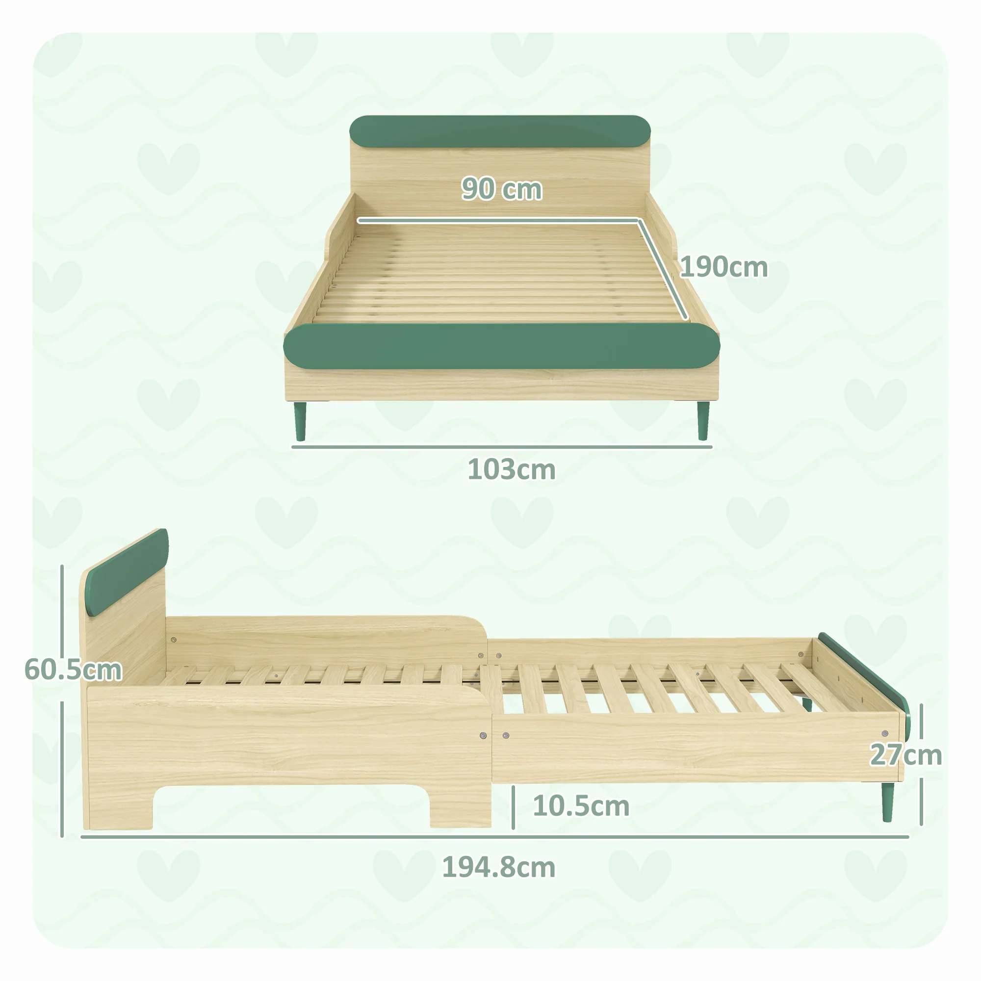 AIYAPLAY Toddler Bed, Kids Bed w/ Safety Rail, 195 x 103 x 60.5cm, Green - Image 5