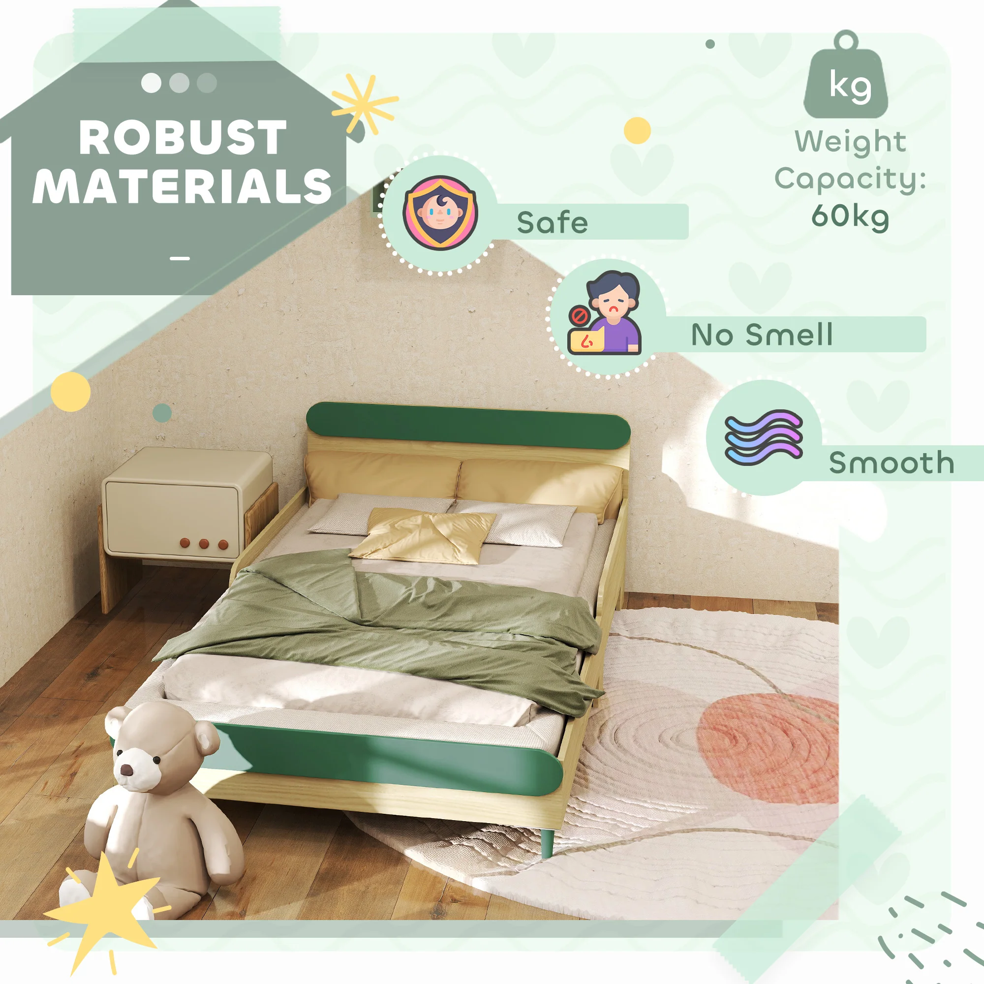 AIYAPLAY Toddler Bed, Kids Bed w/ Safety Rail, 195 x 103 x 60.5cm, Green - Image 6