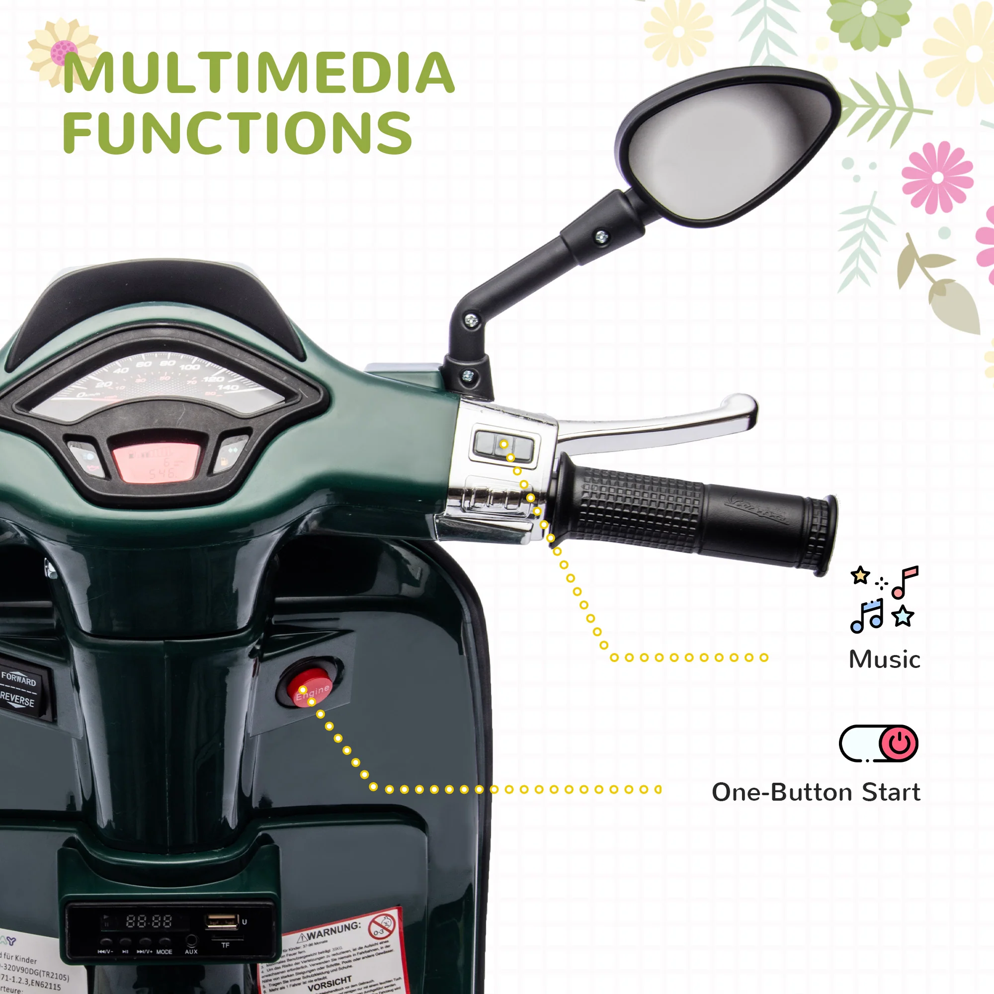 AIYAPLAY Vespa Licensed 12V Kids Electric Bike W/ 2 Training Wheels, White - Image 13