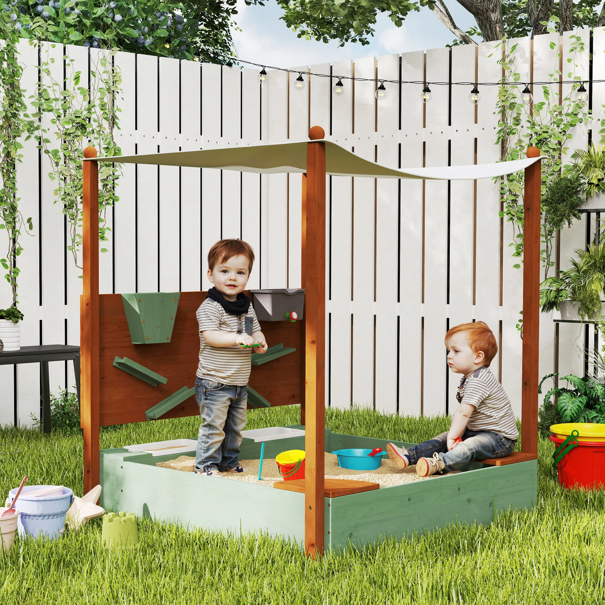 AIYAPLAY Wood Sandpit for Kids with Canopy for Garden, Beach, Green - Image 2