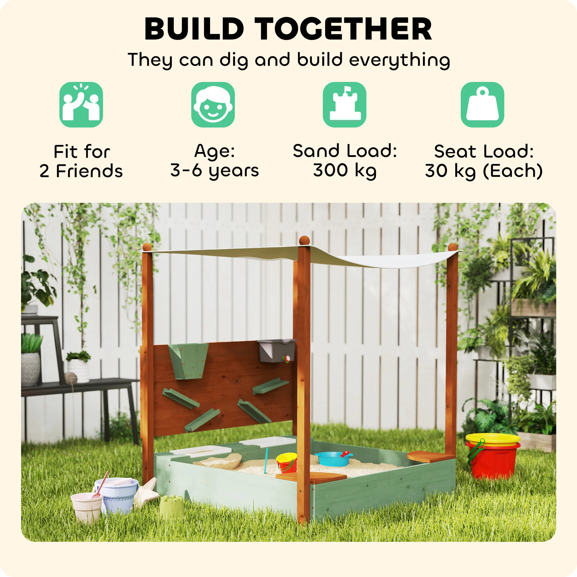 AIYAPLAY Wood Sandpit for Kids with Canopy for Garden, Beach, Green - Image 4