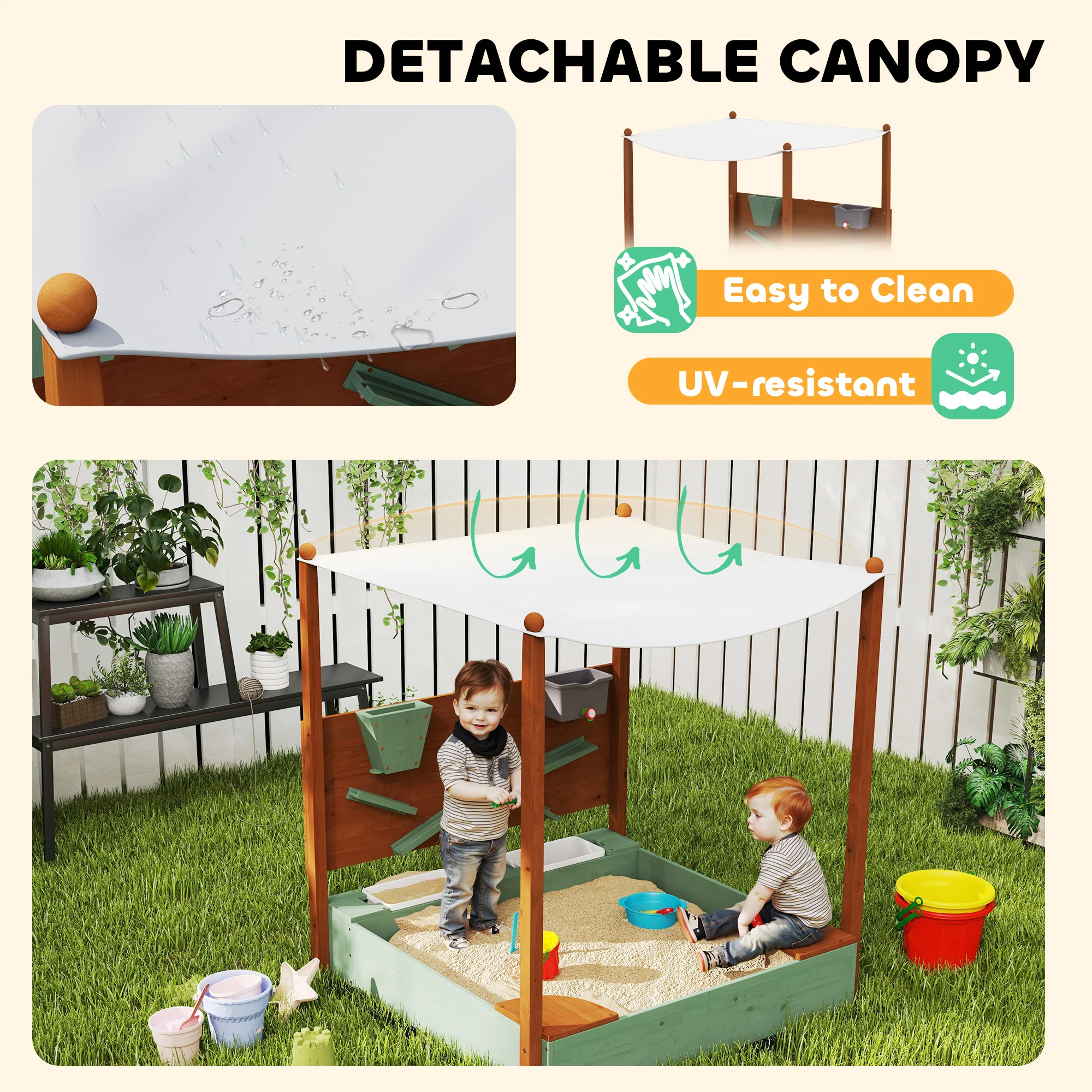AIYAPLAY Wood Sandpit for Kids with Canopy for Garden, Beach, Green - Image 6