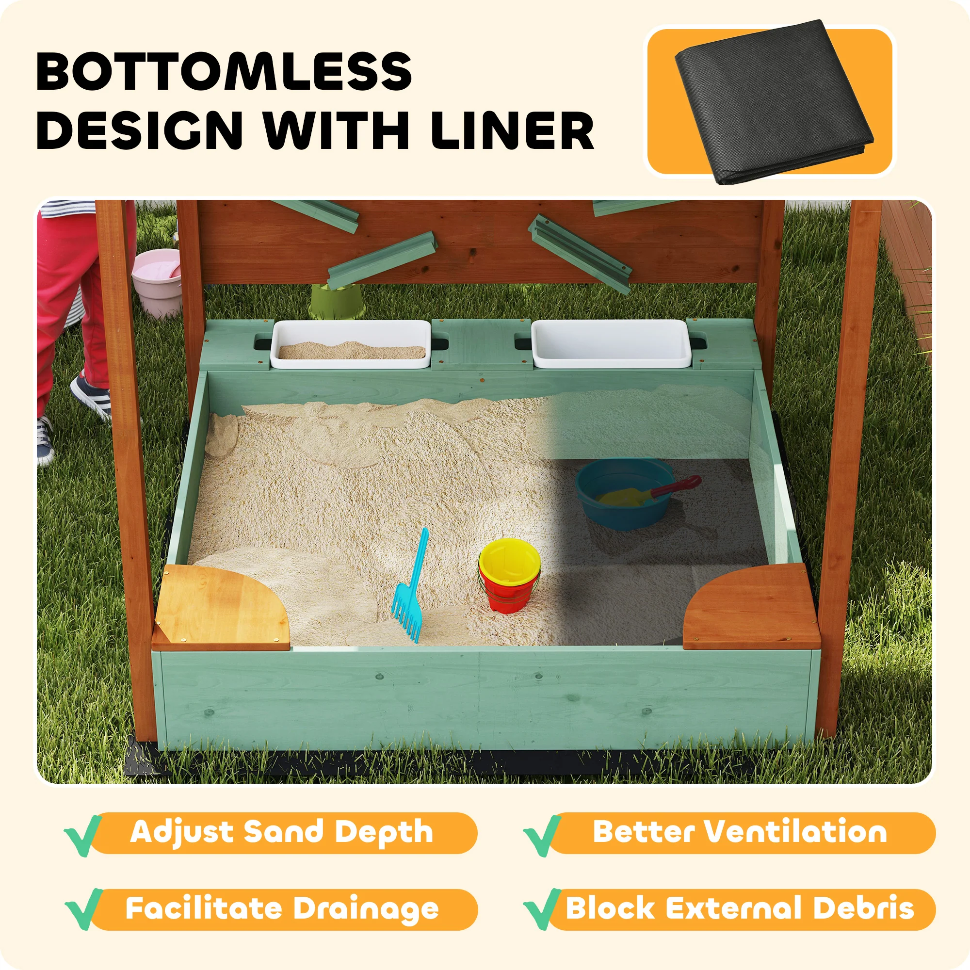 AIYAPLAY Wood Sandpit for Kids with Canopy for Garden, Beach, Green - Image 7